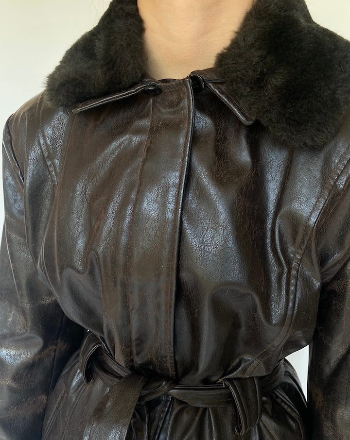 VINTAGE DARK BROWN SHORT TRENCH LEATHER JACKET 3429