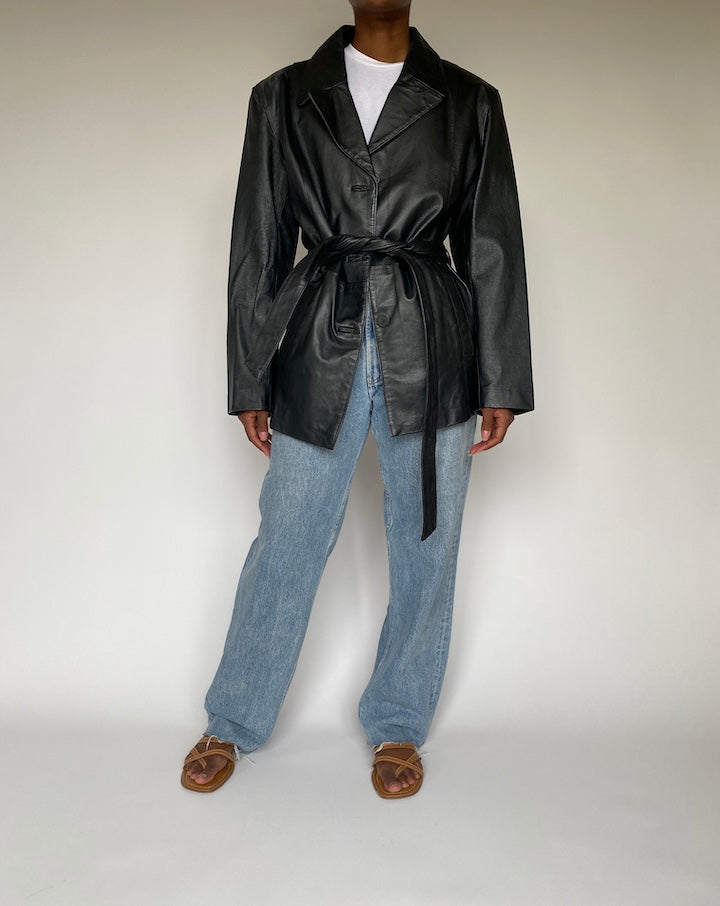 VINTAGE BLACK SHORT LEATHER TRENCH COAT 3837