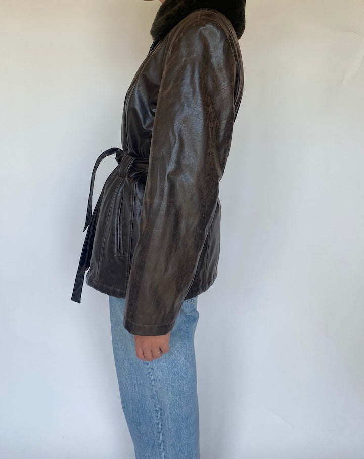 VINTAGE DARK BROWN SHORT TRENCH LEATHER JACKET 3429