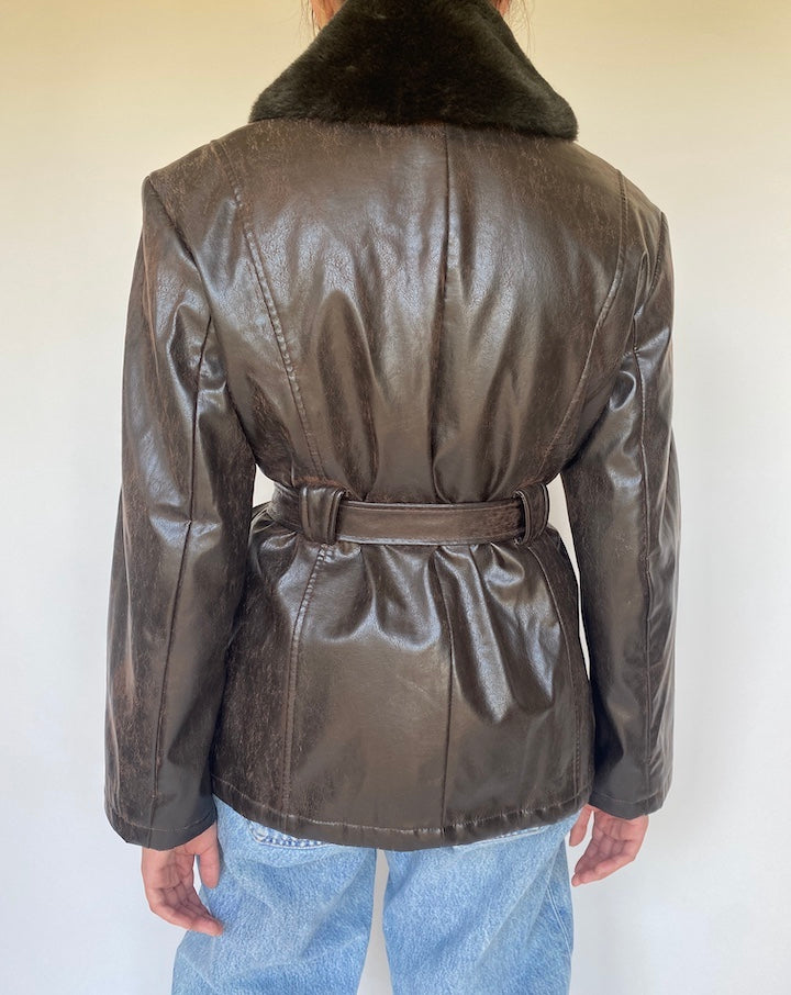 VINTAGE DARK BROWN SHORT TRENCH LEATHER JACKET 3429