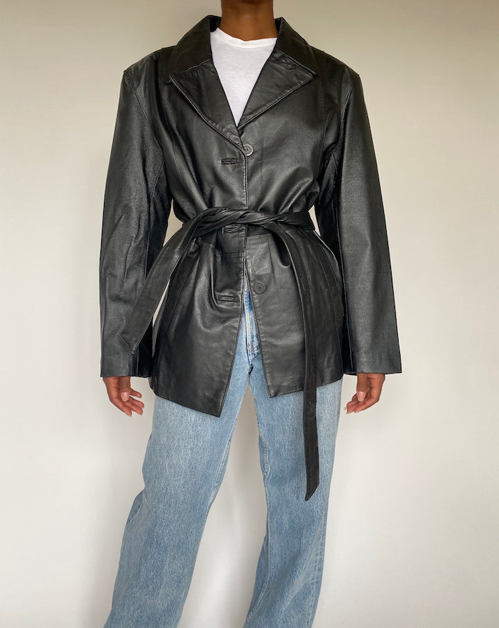 VINTAGE BLACK SHORT LEATHER TRENCH COAT 3837