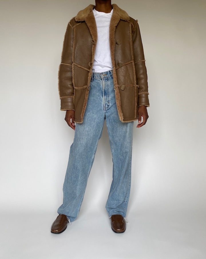 VINTAGE BROWN FAUX LEATHER SHERPA JACKET 3838