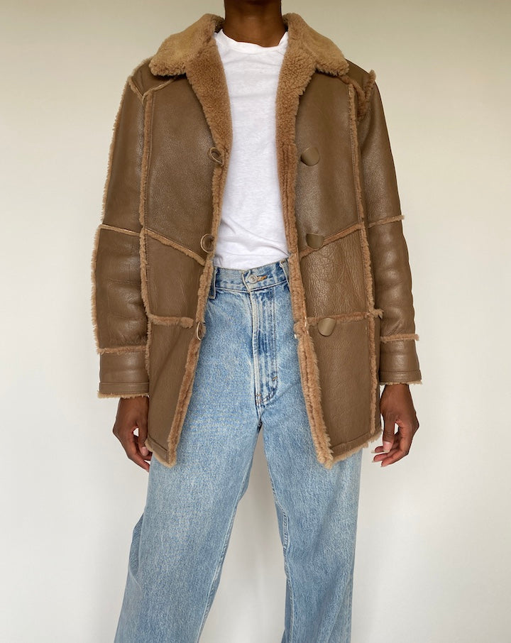 VINTAGE BROWN FAUX LEATHER SHERPA JACKET 3838