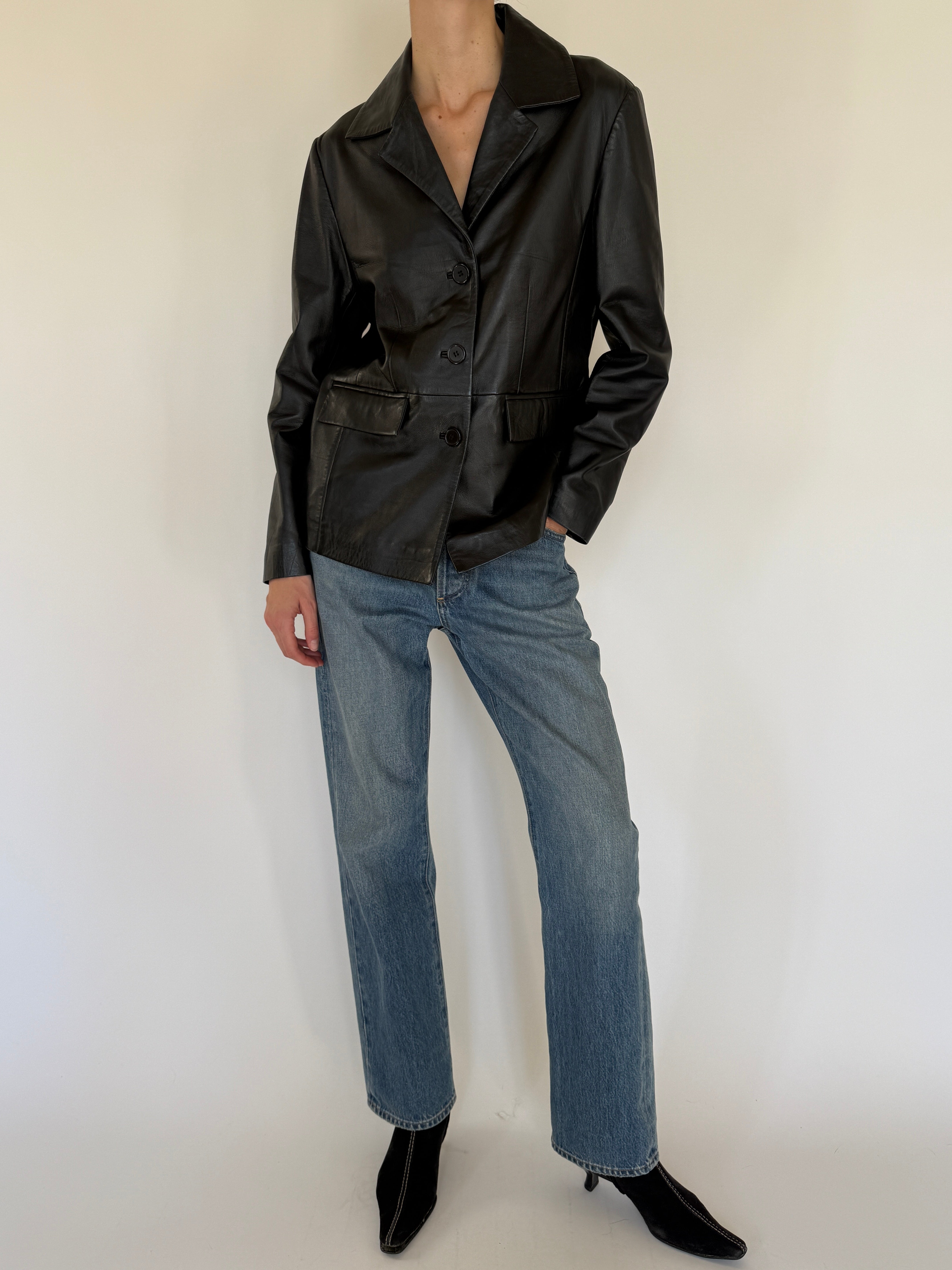 Vintage black leather blazer front view