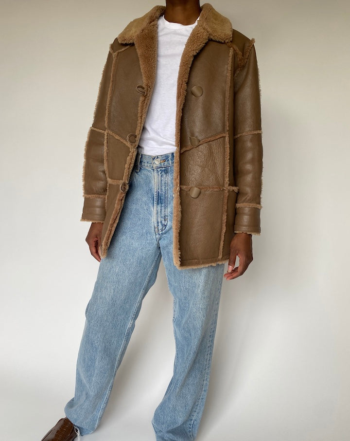 VINTAGE BROWN FAUX LEATHER SHERPA JACKET 3838