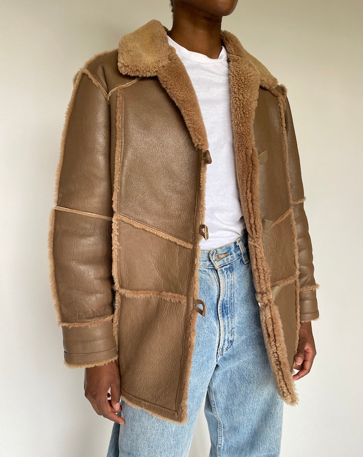 VINTAGE BROWN FAUX LEATHER SHERPA JACKET 3838