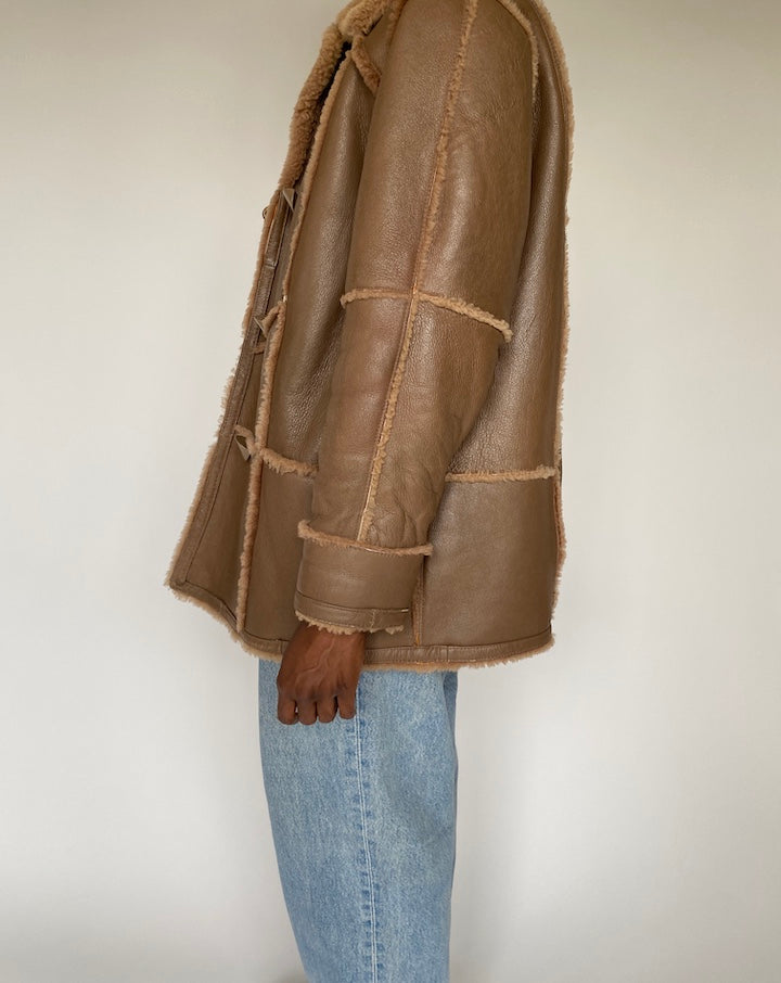 VINTAGE BROWN FAUX LEATHER SHERPA JACKET 3838