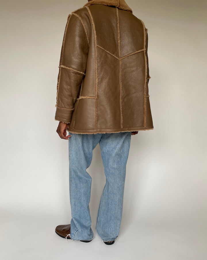 VINTAGE BROWN FAUX LEATHER SHERPA JACKET 3838