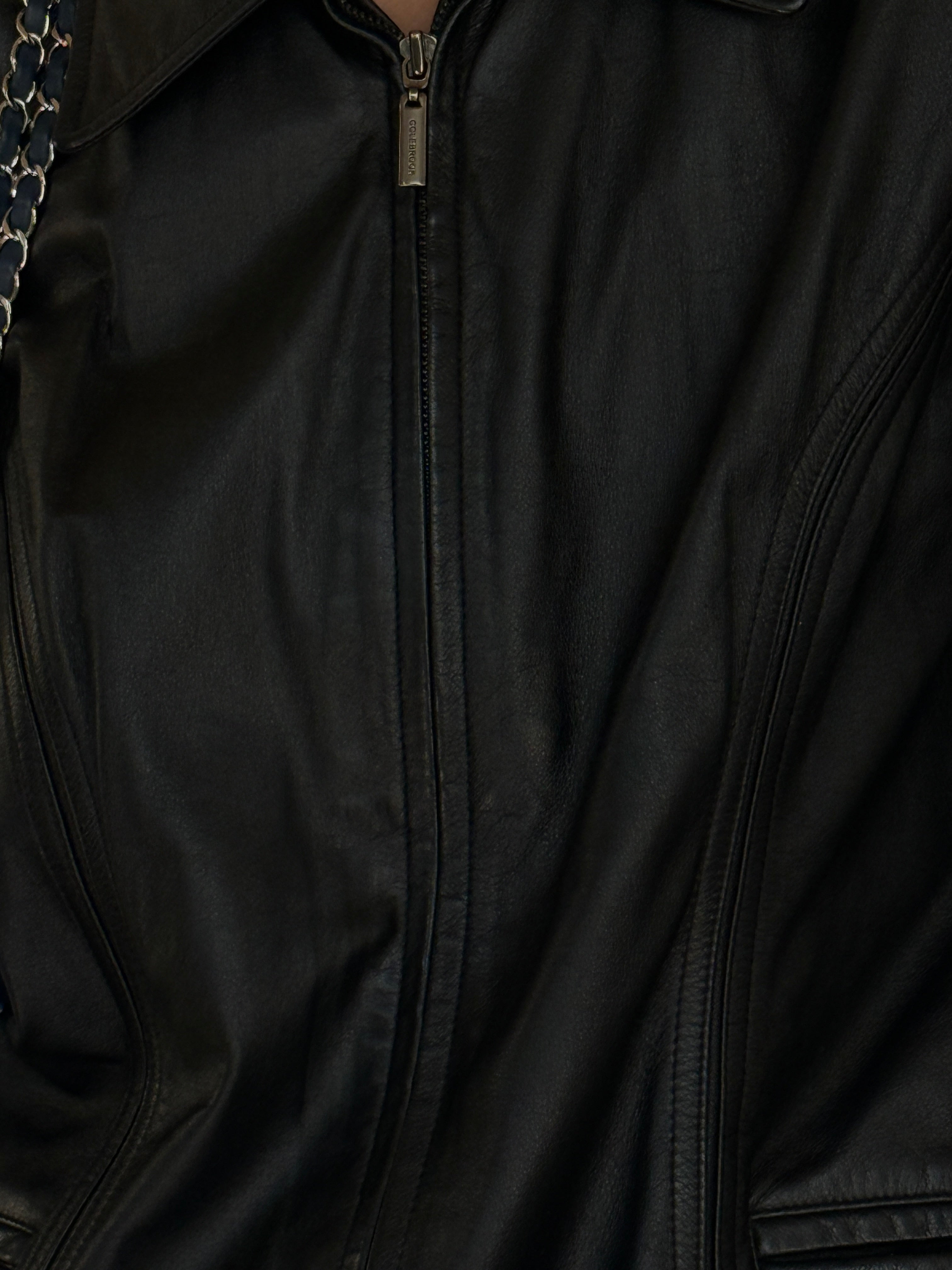Vintage black leather jacket zipper detail