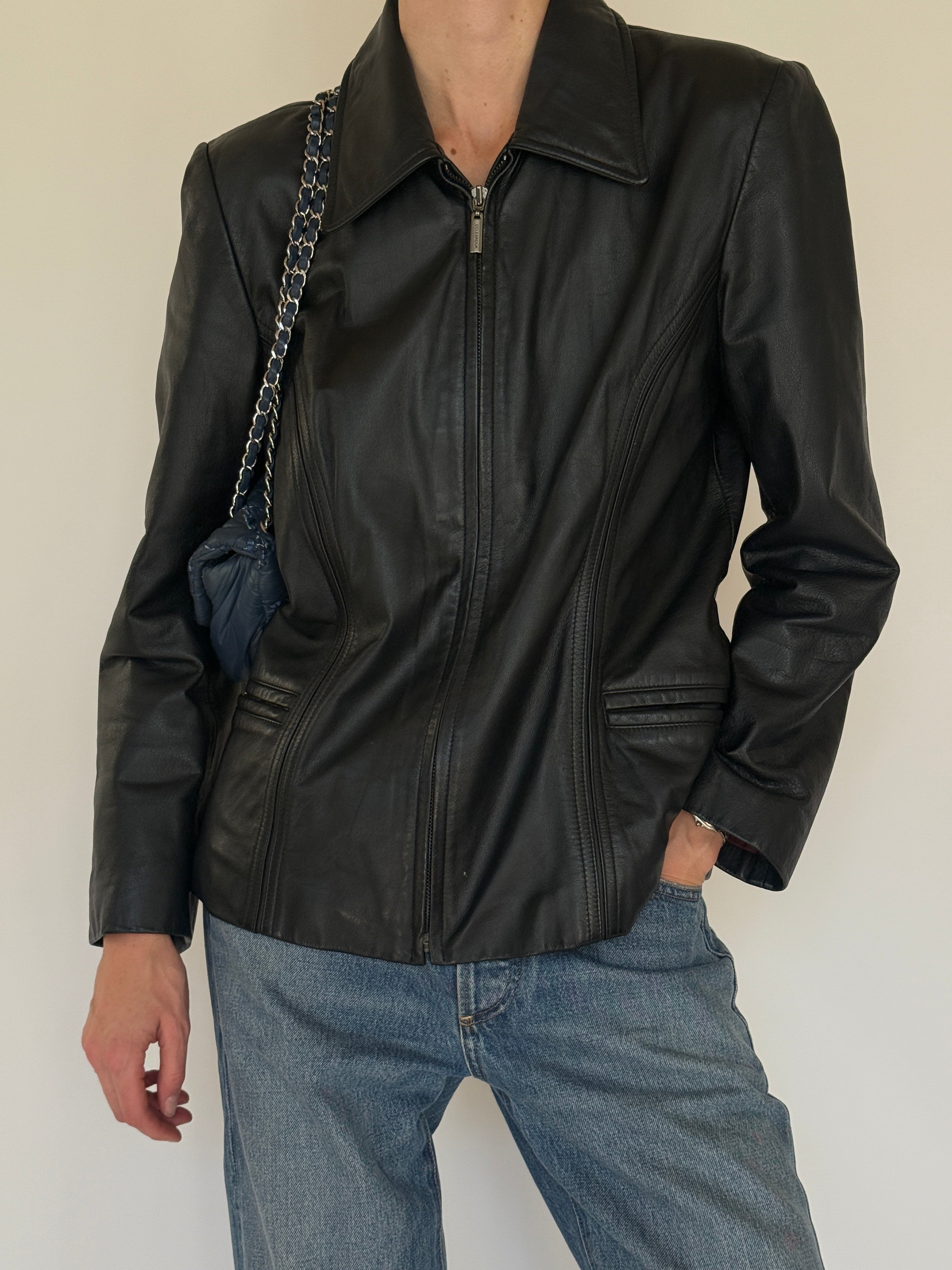 Vintage black leather jacket front view