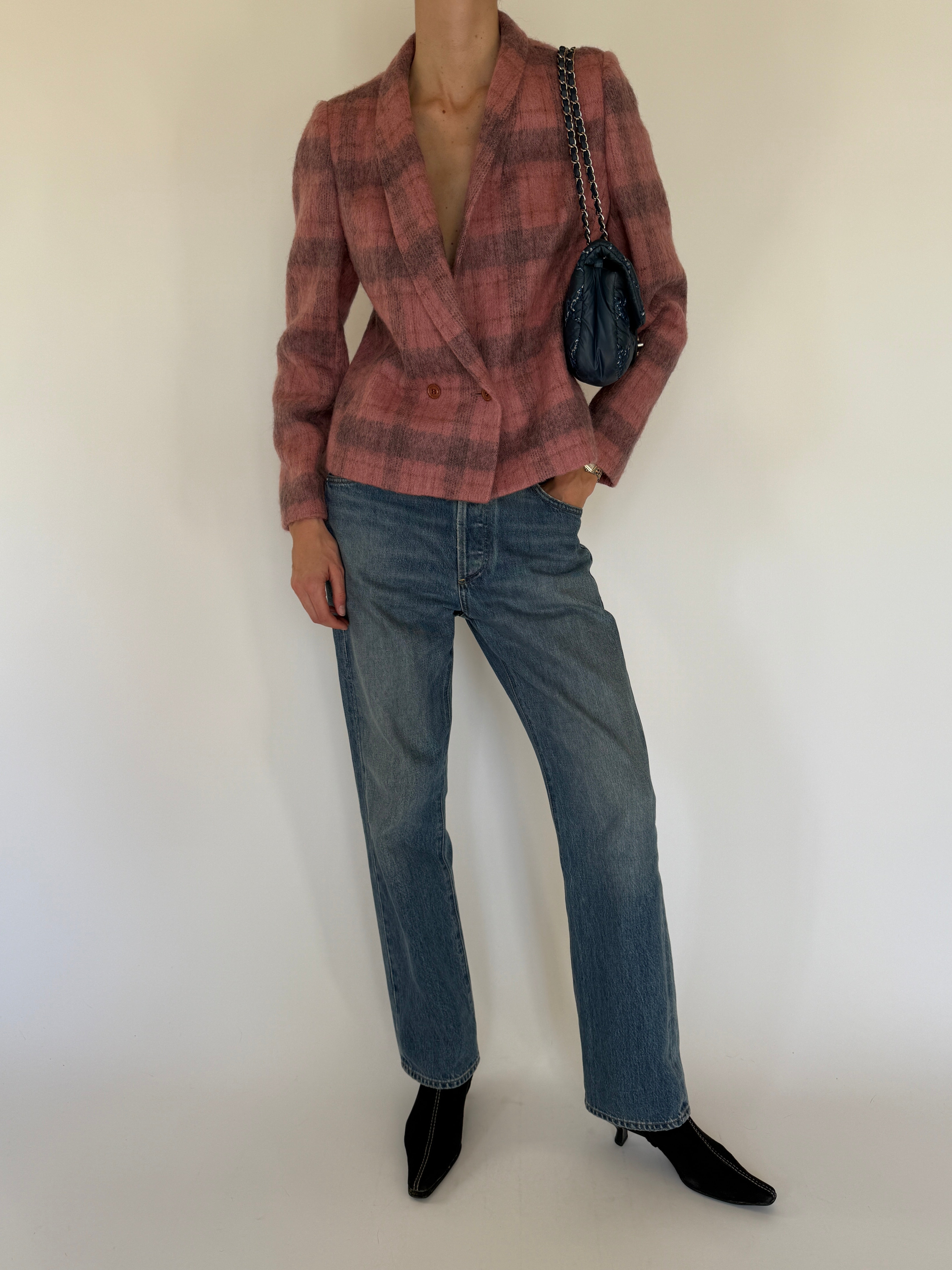 Vintage rose plaid blazer fabric close-up brushed texture