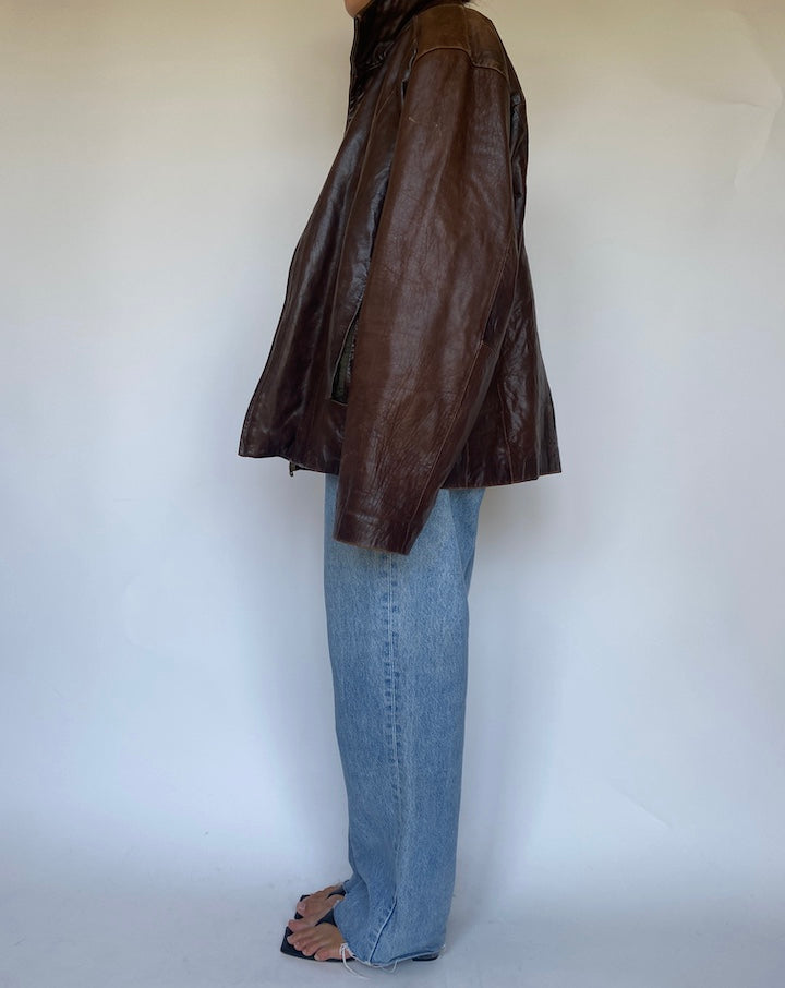 VINTAGE SLIGHTLY OVERSIZED BROWN LEATHER JACKET 3433