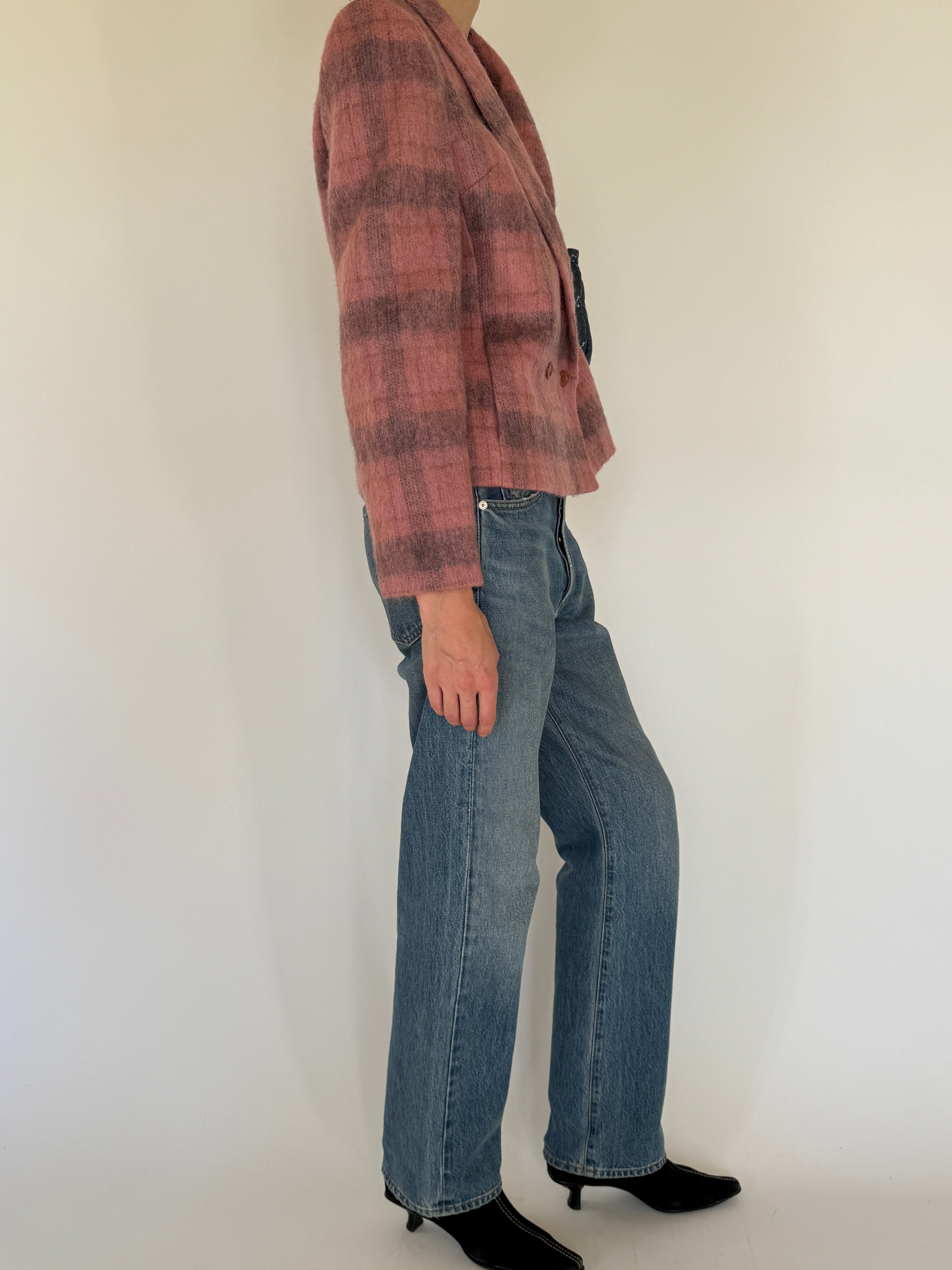 Vintage rose plaid blazer side view tailored silhouette