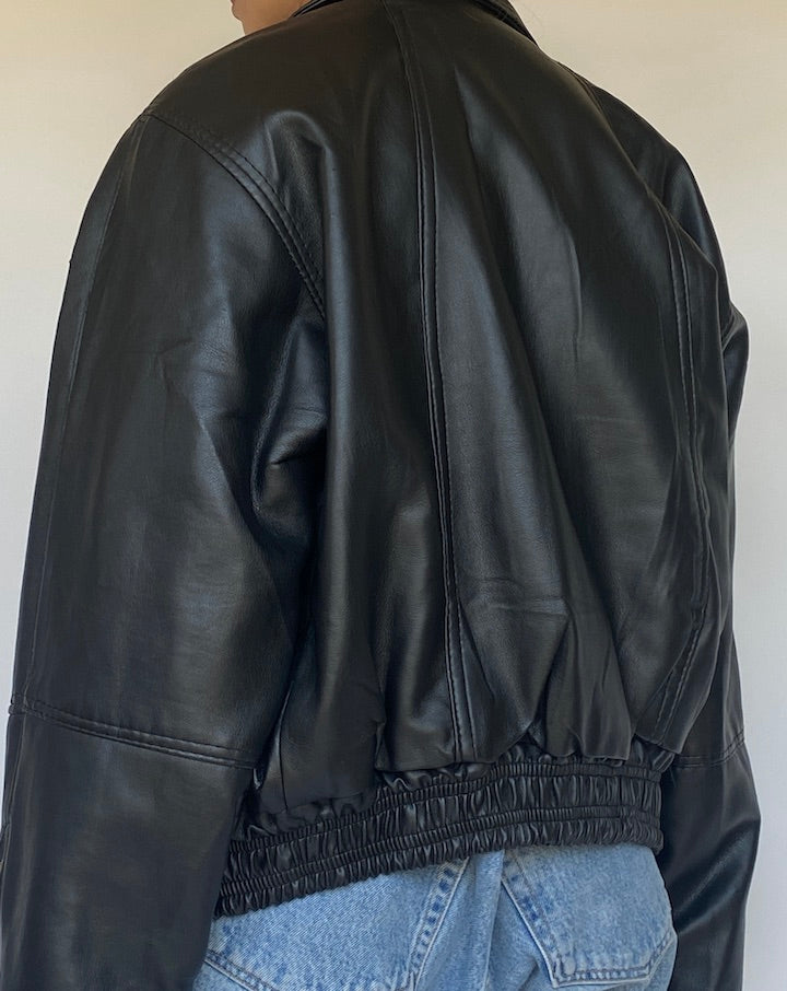 VINTAGE BLACK BOXY FAUX LEATHER JACKET 3434