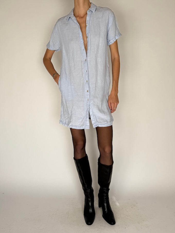 Vintage Short-Sleeve Linen Dress Light Blue 5941