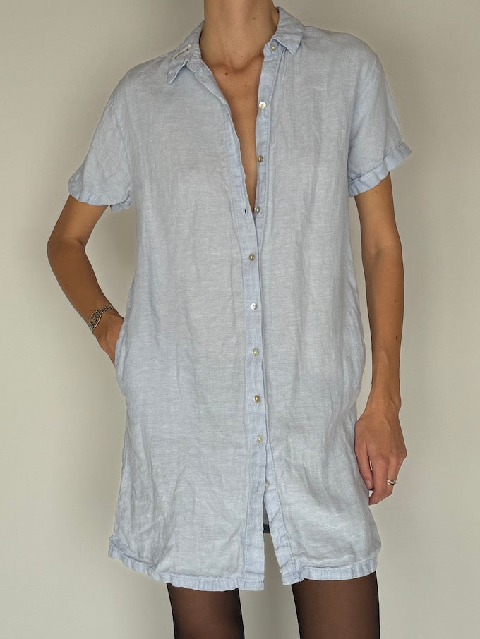 Vintage Short-Sleeve Linen Dress Light Blue 5941