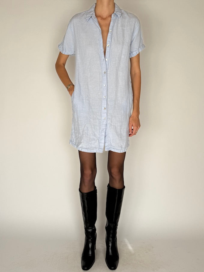 Vintage Short-Sleeve Linen Dress Light Blue 5941