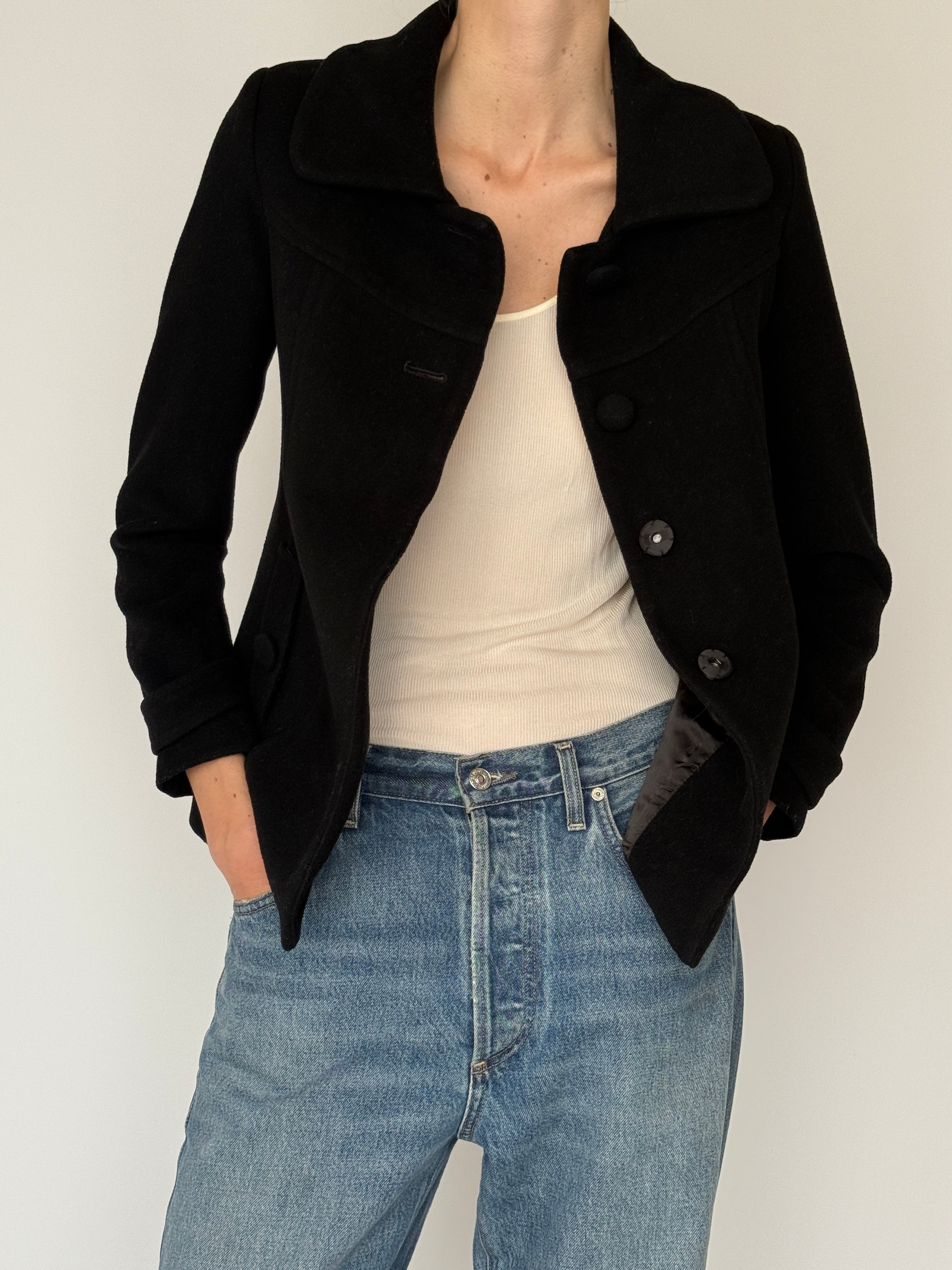 Vintage black sculpted jacket button detail covered buttons