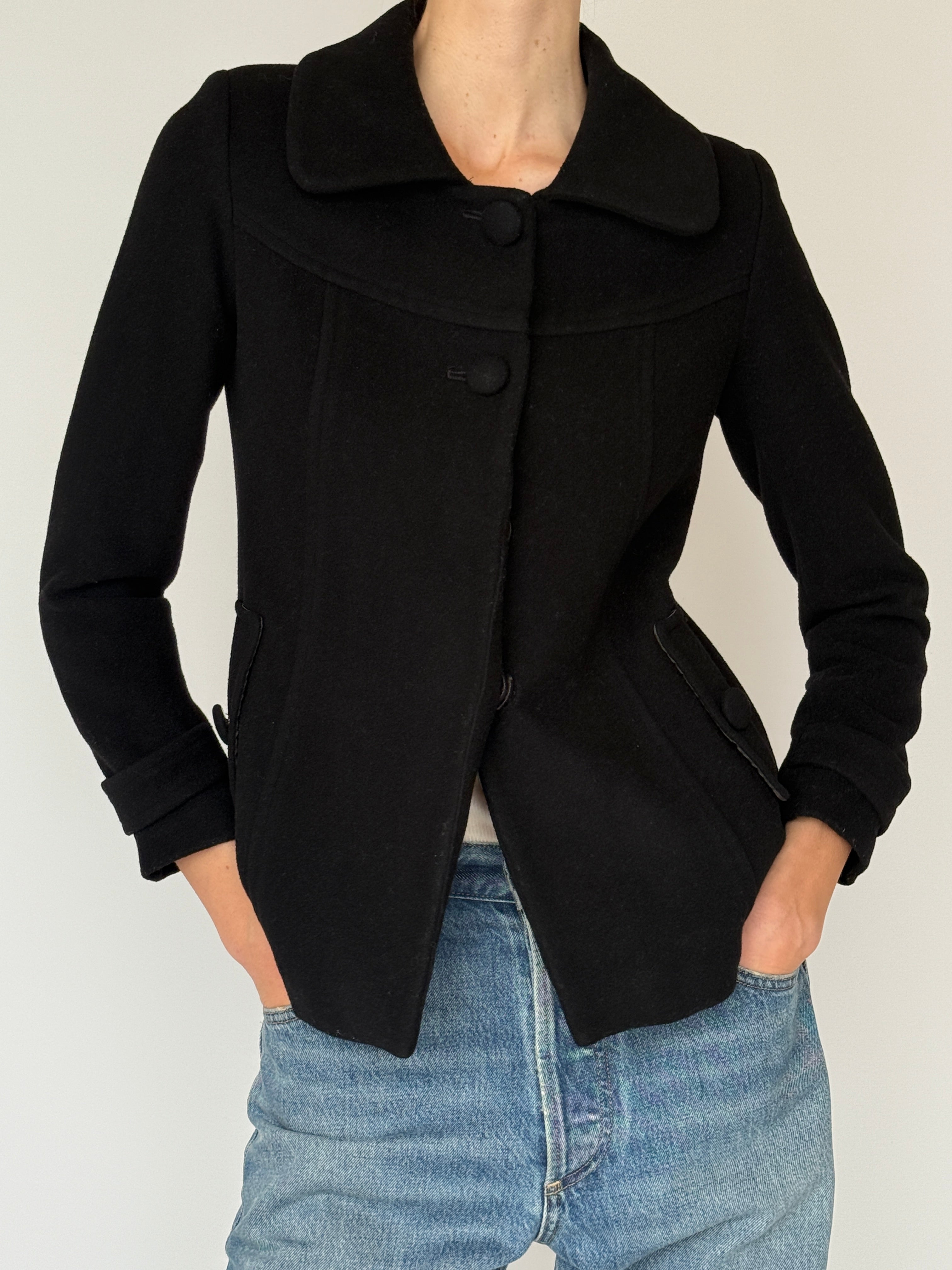 Vintage black sculpted jacket front view rounded collar