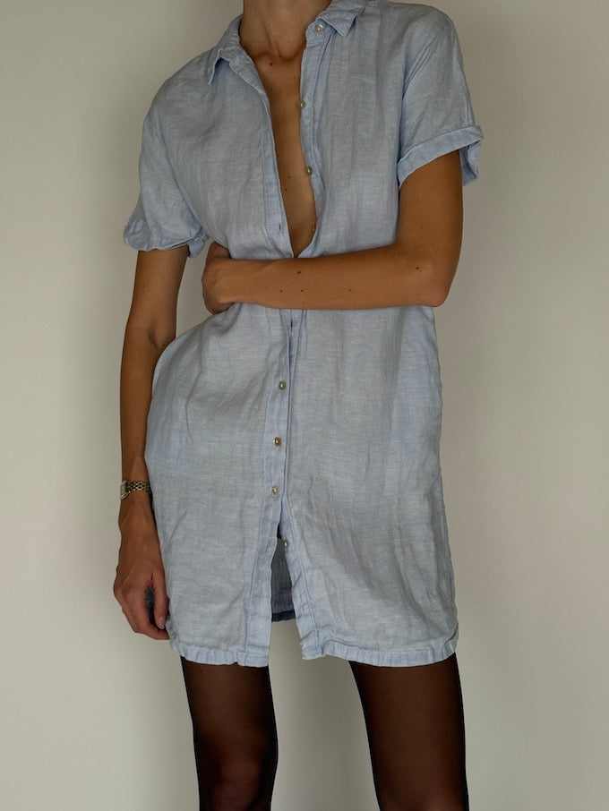 Vintage Short-Sleeve Linen Dress Light Blue 5941