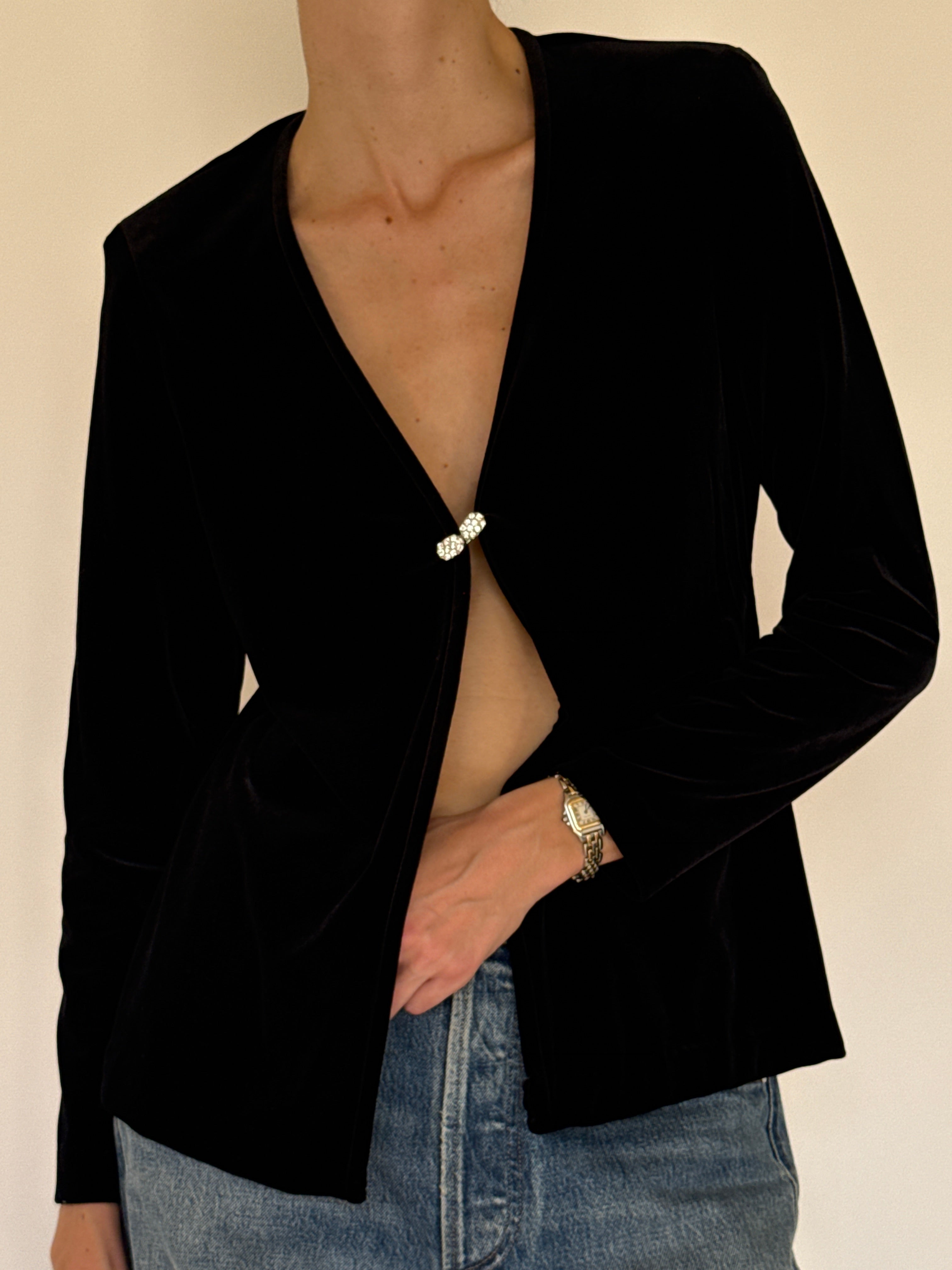 Vintage black velvet hook closure top front view
