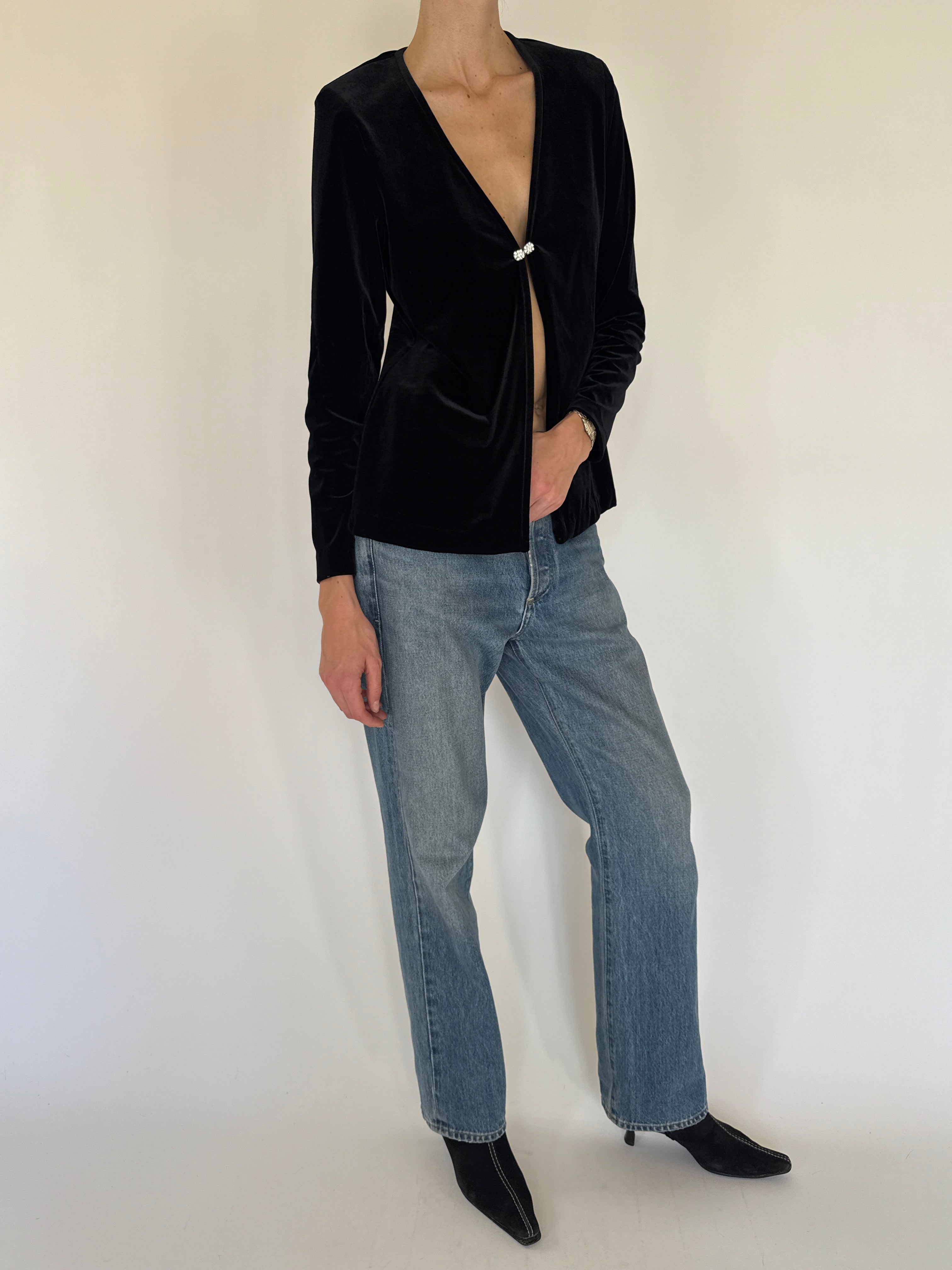 Vintage black velvet hook closure top side view