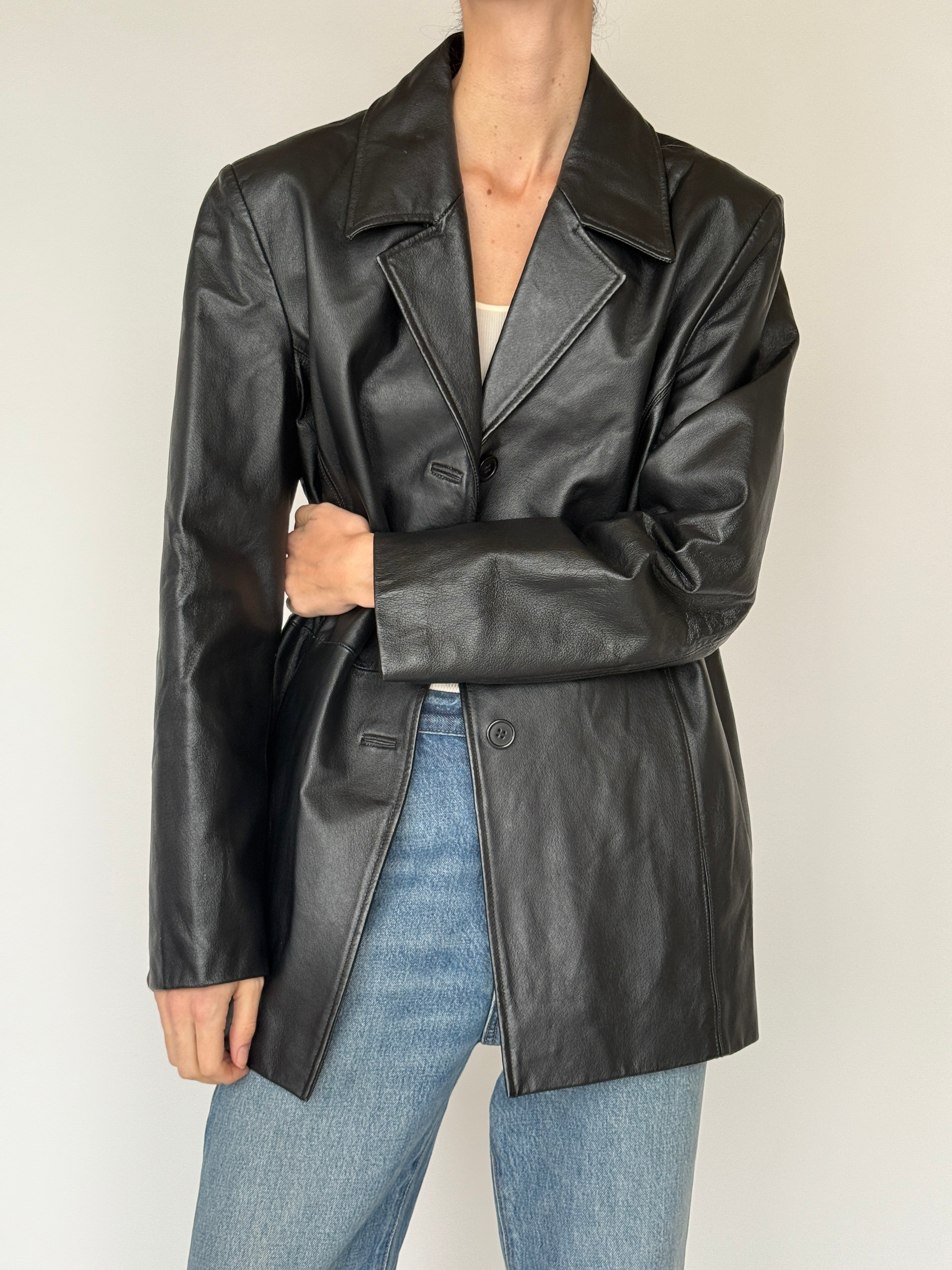 Vintage black leather blazer front view