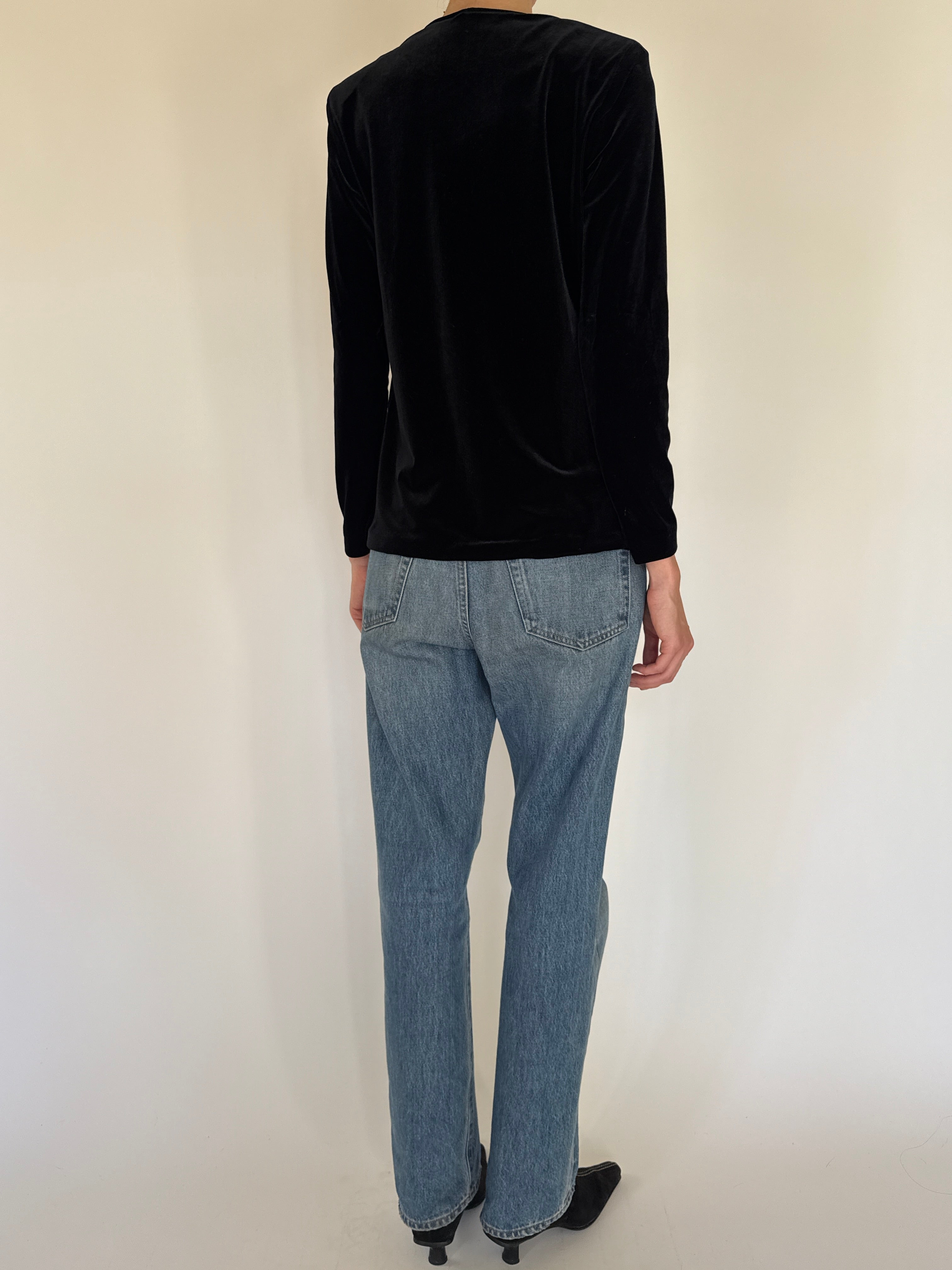 Vintage black velvet hook closure top back view