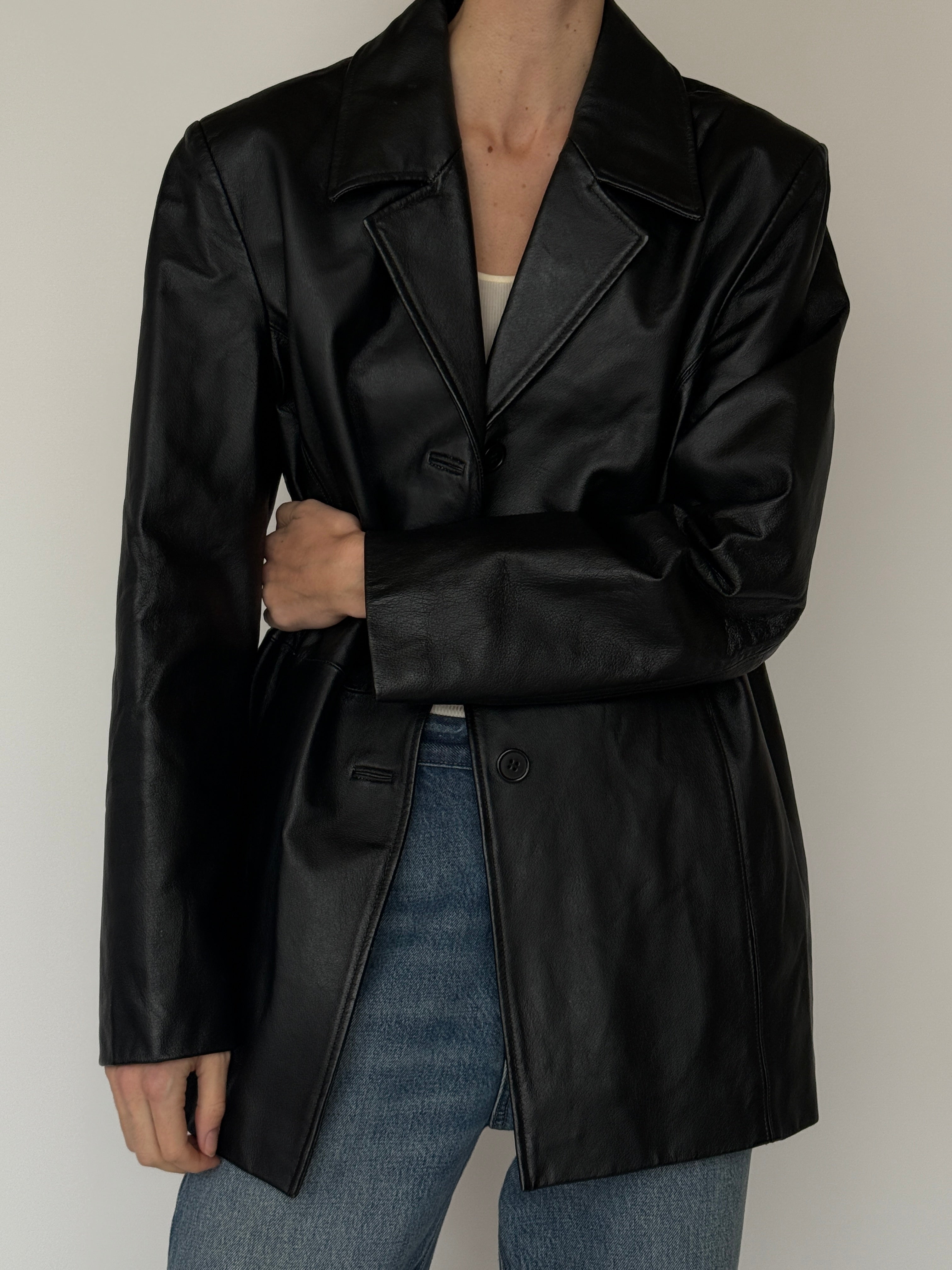 Vintage black leather blazer front view