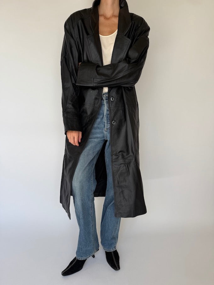 Vintage long Leather Jacket Black 6347