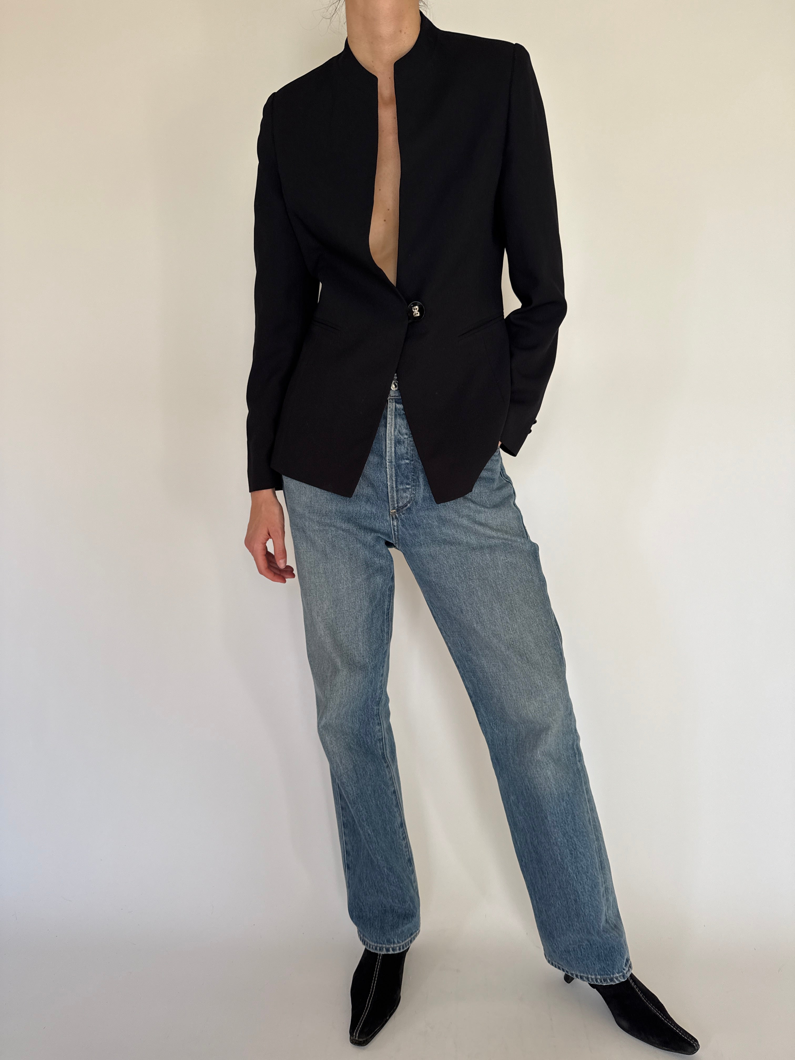 Vintage black collarless tailored blazer front view with statement button