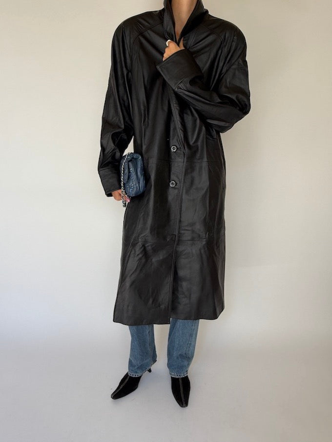Vintage long Leather Jacket Black 6347