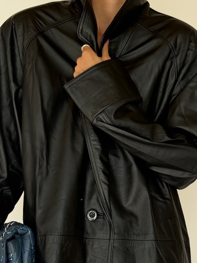 Vintage long Leather Jacket Black 6347