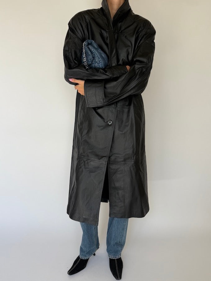 Vintage long Leather Jacket Black 6347
