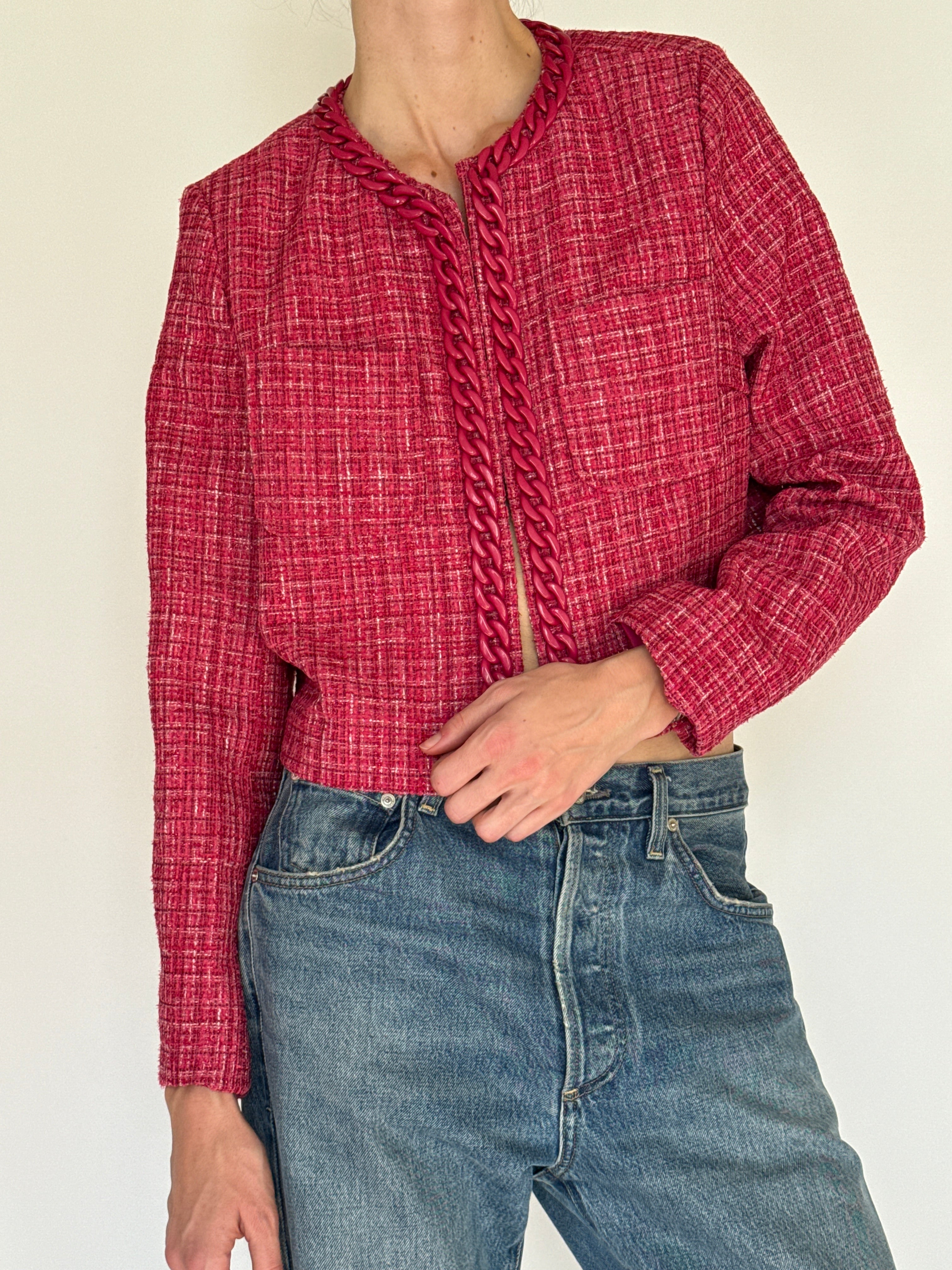 Vintage pink tweed chain trim jacket front view