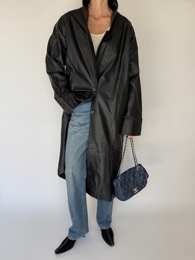 Vintage long Leather Jacket Black 6347