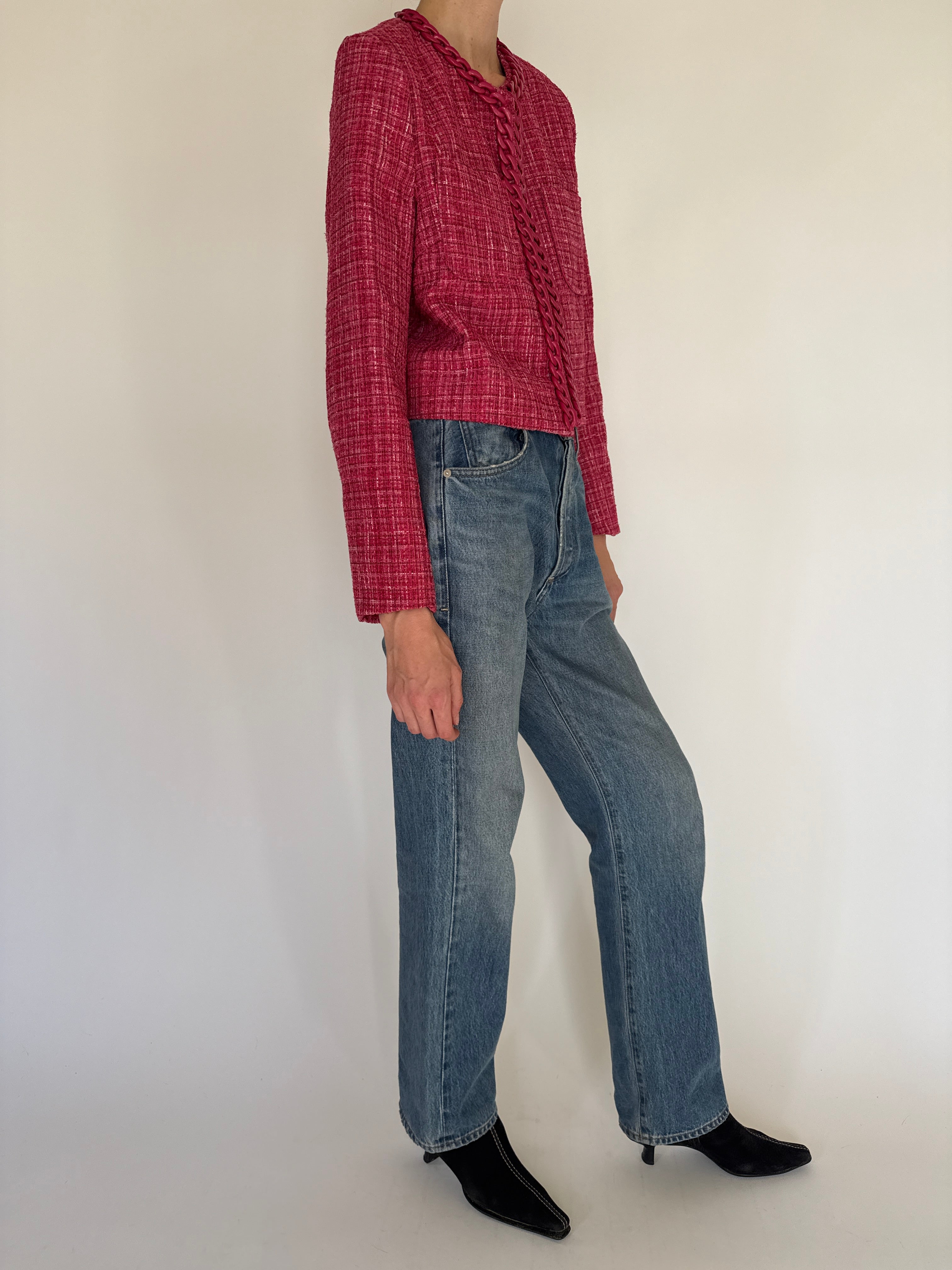 Vintage pink tweed chain trim jacket side view
