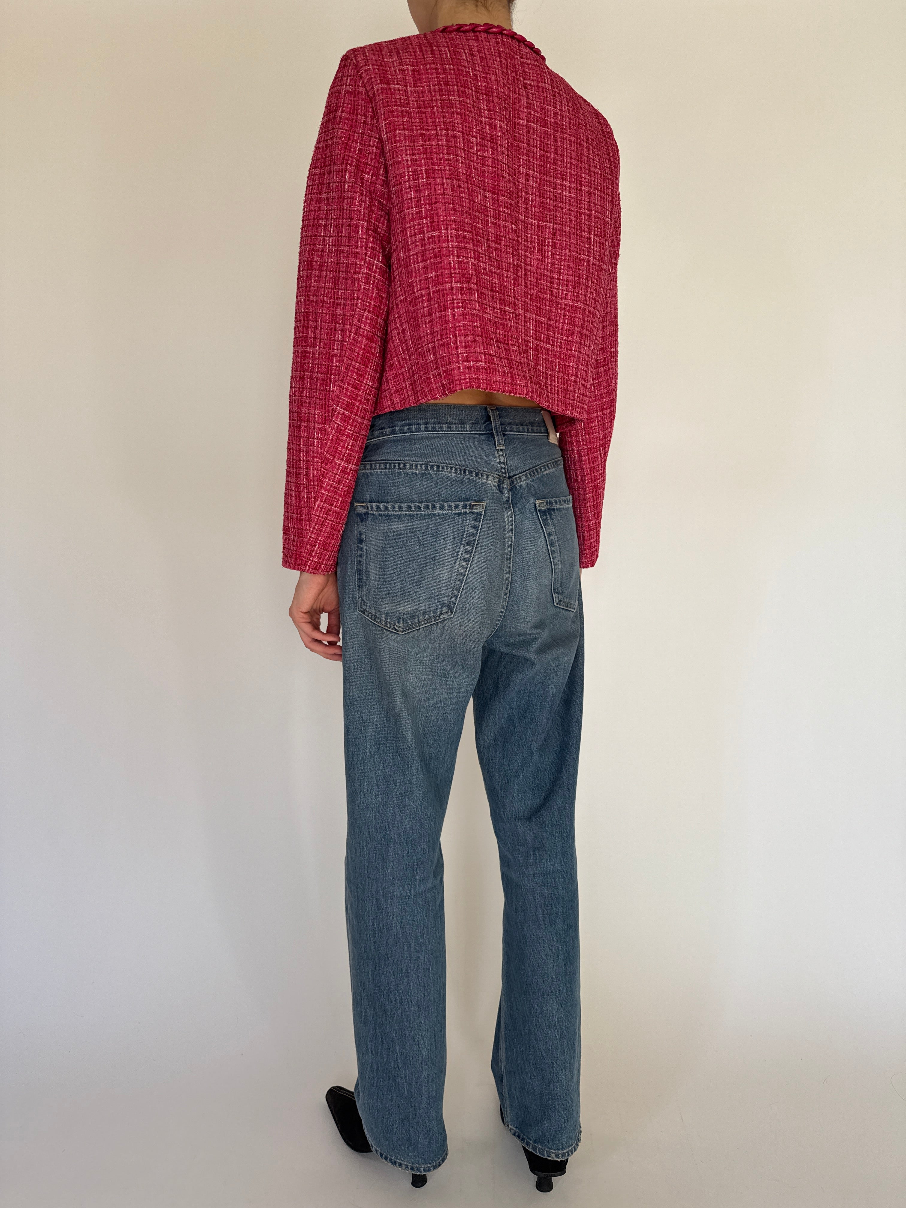 Vintage pink tweed chain trim jacket back view