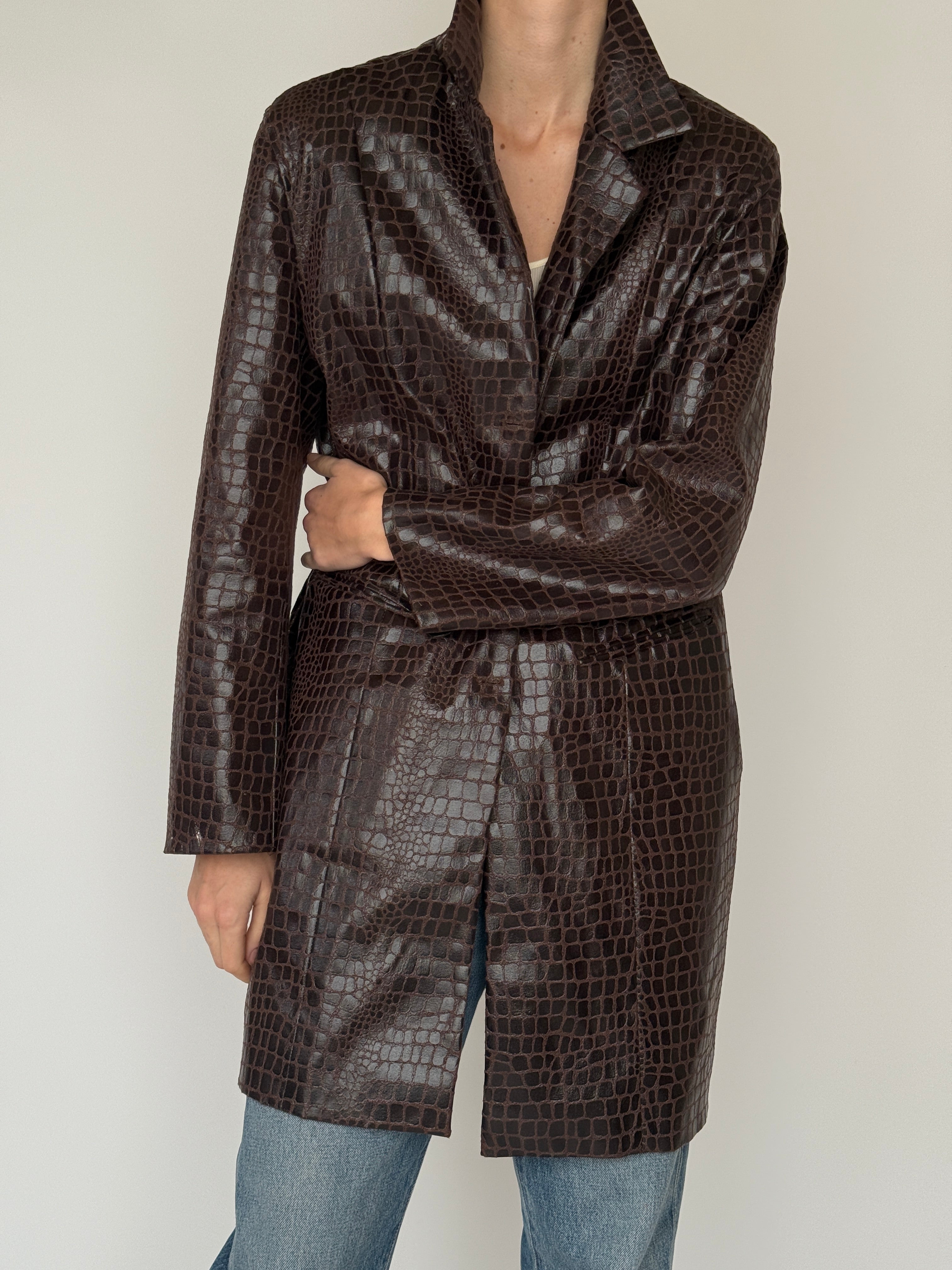 Vintage brown croc-embossed faux leather coat front view
