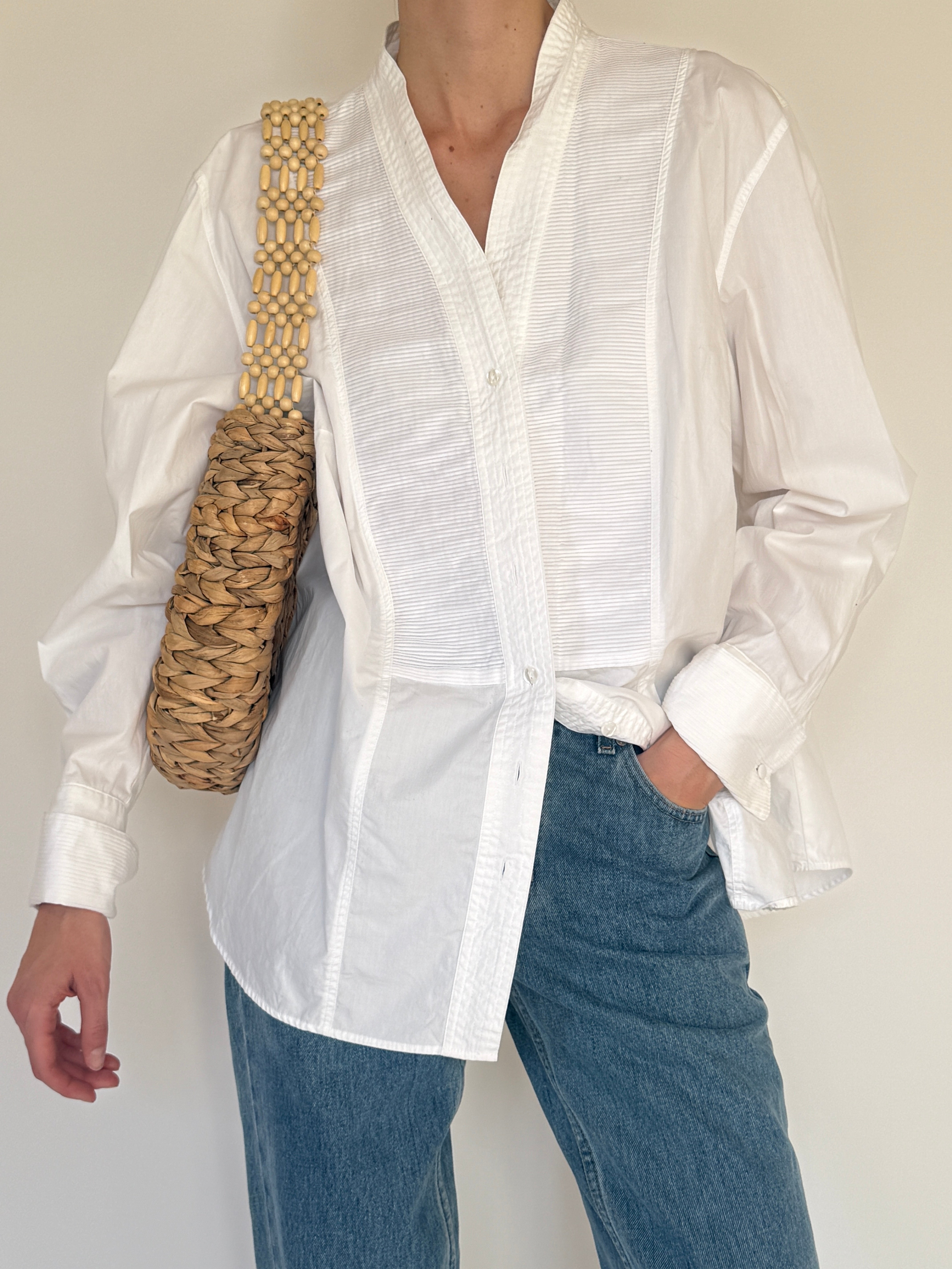 Vintage white cotton blouse front view pleated panel