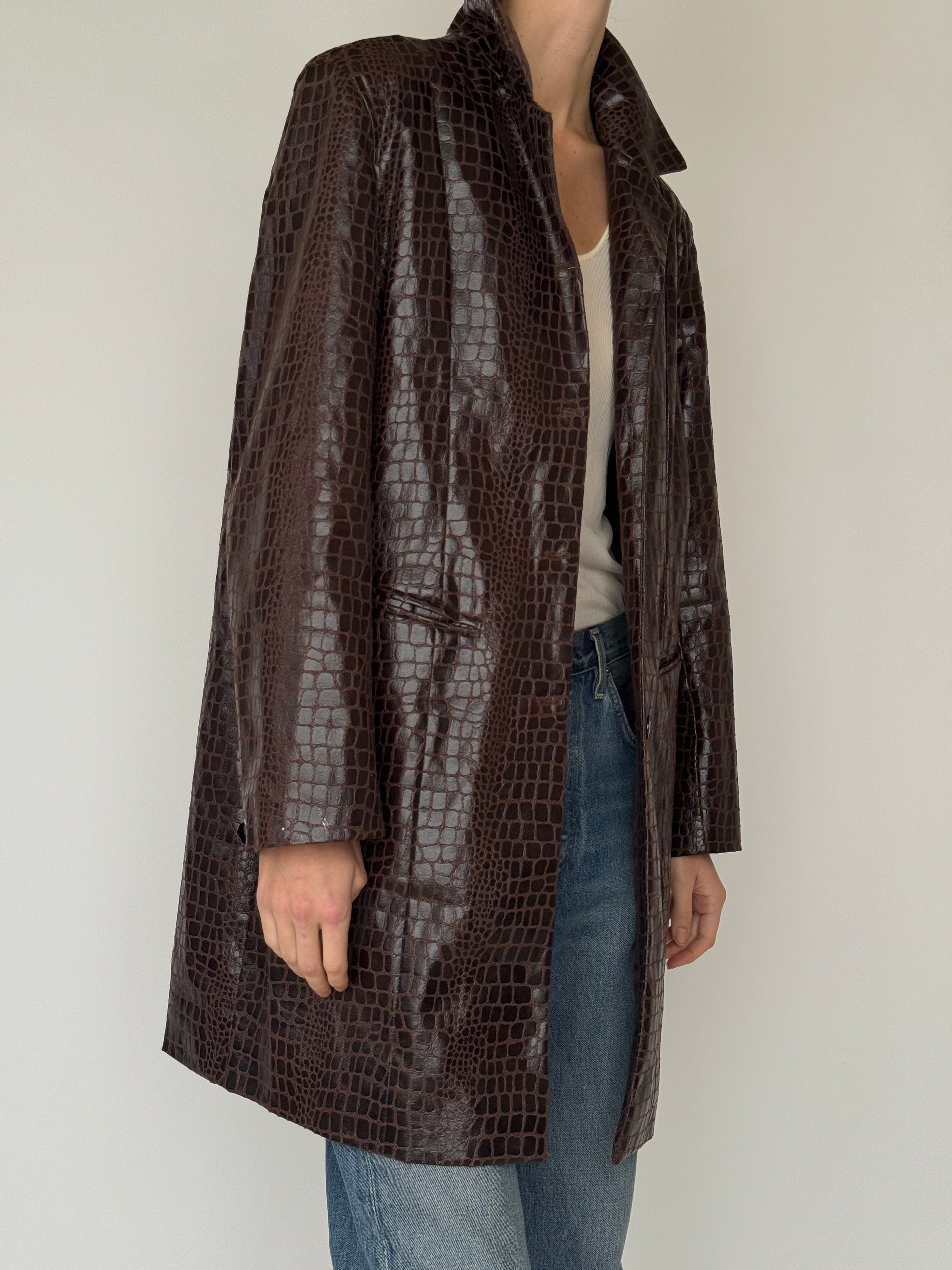Vintage croc-embossed faux leather coat brown side view close-up