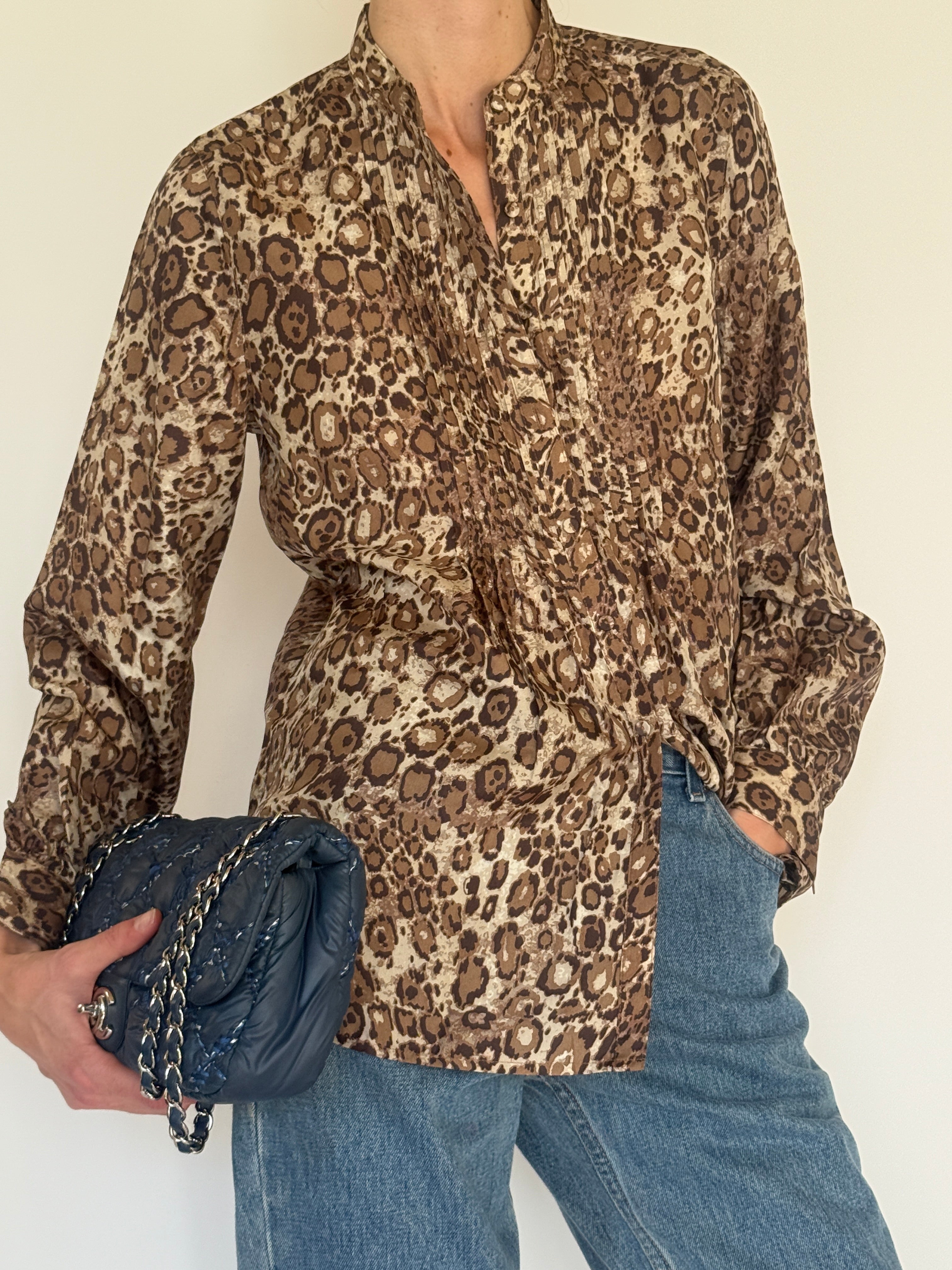 Vintage brown leopard print silk blouse fabric close-up
