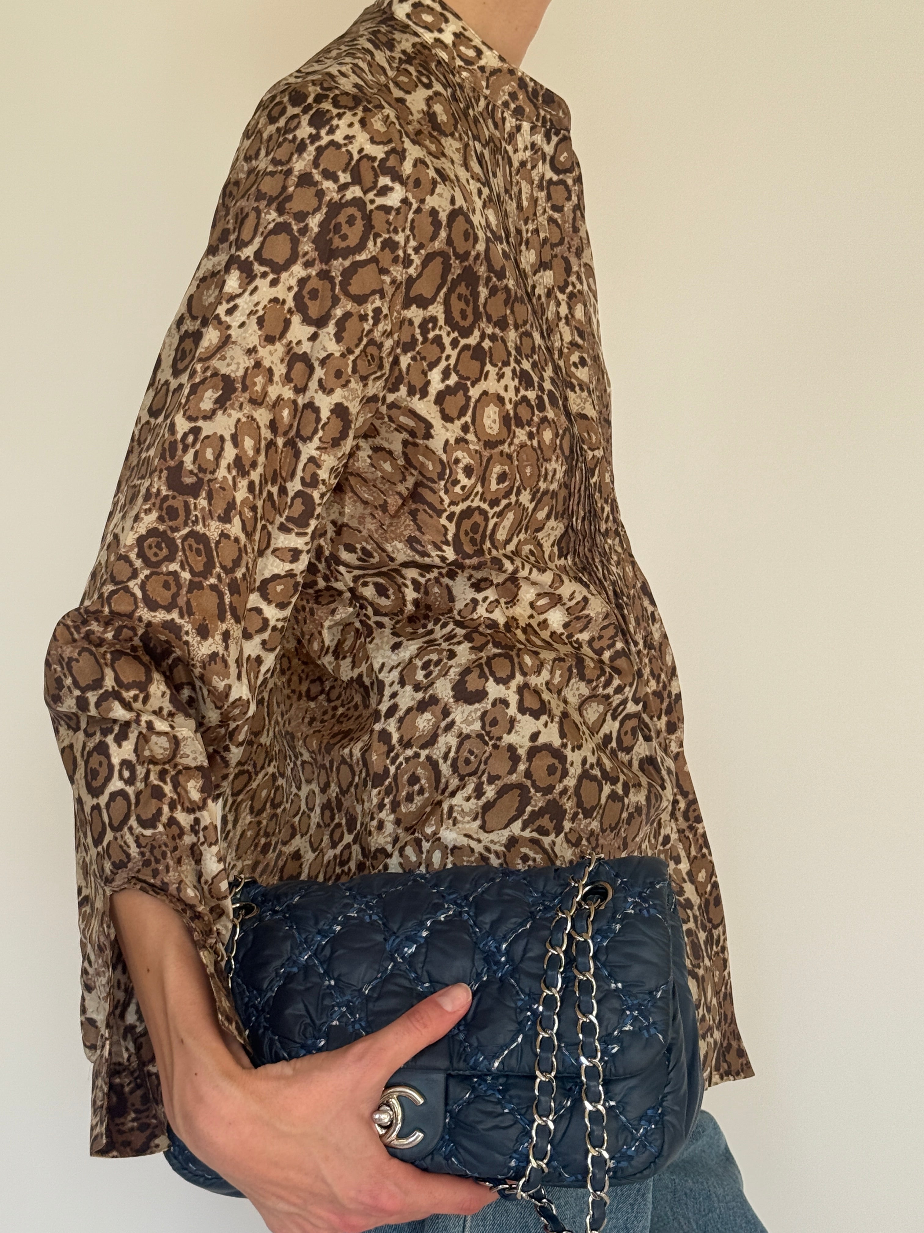 Vintage brown leopard print blouse side view relaxed drape