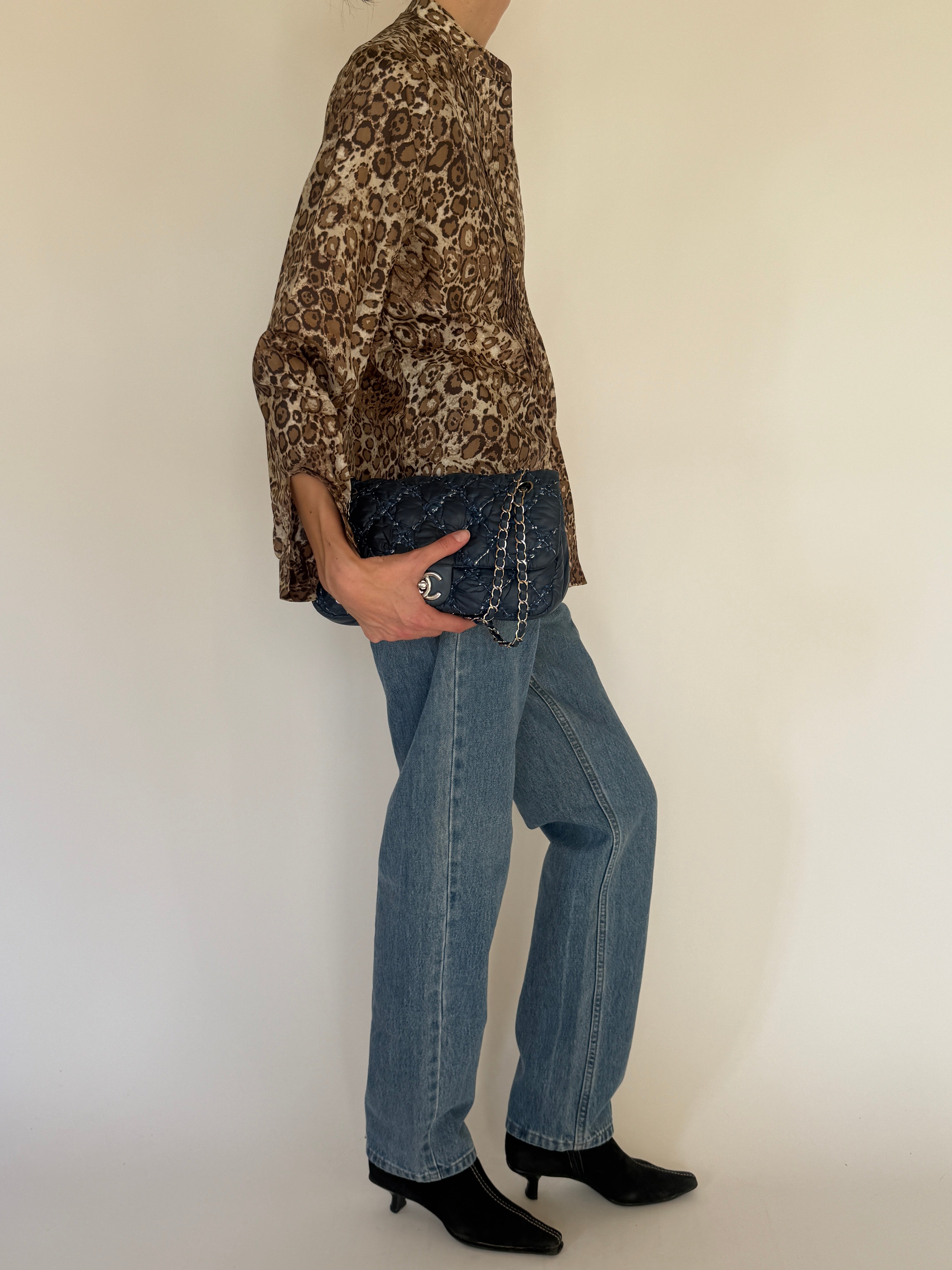 Vintage brown leopard print blouse side view relaxed drape