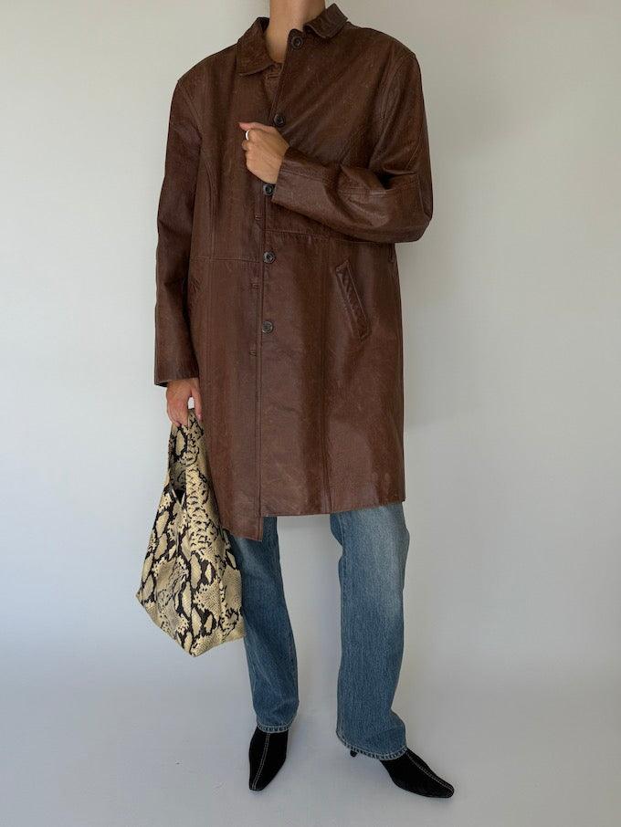 Vintage long leather jacket brown 6350