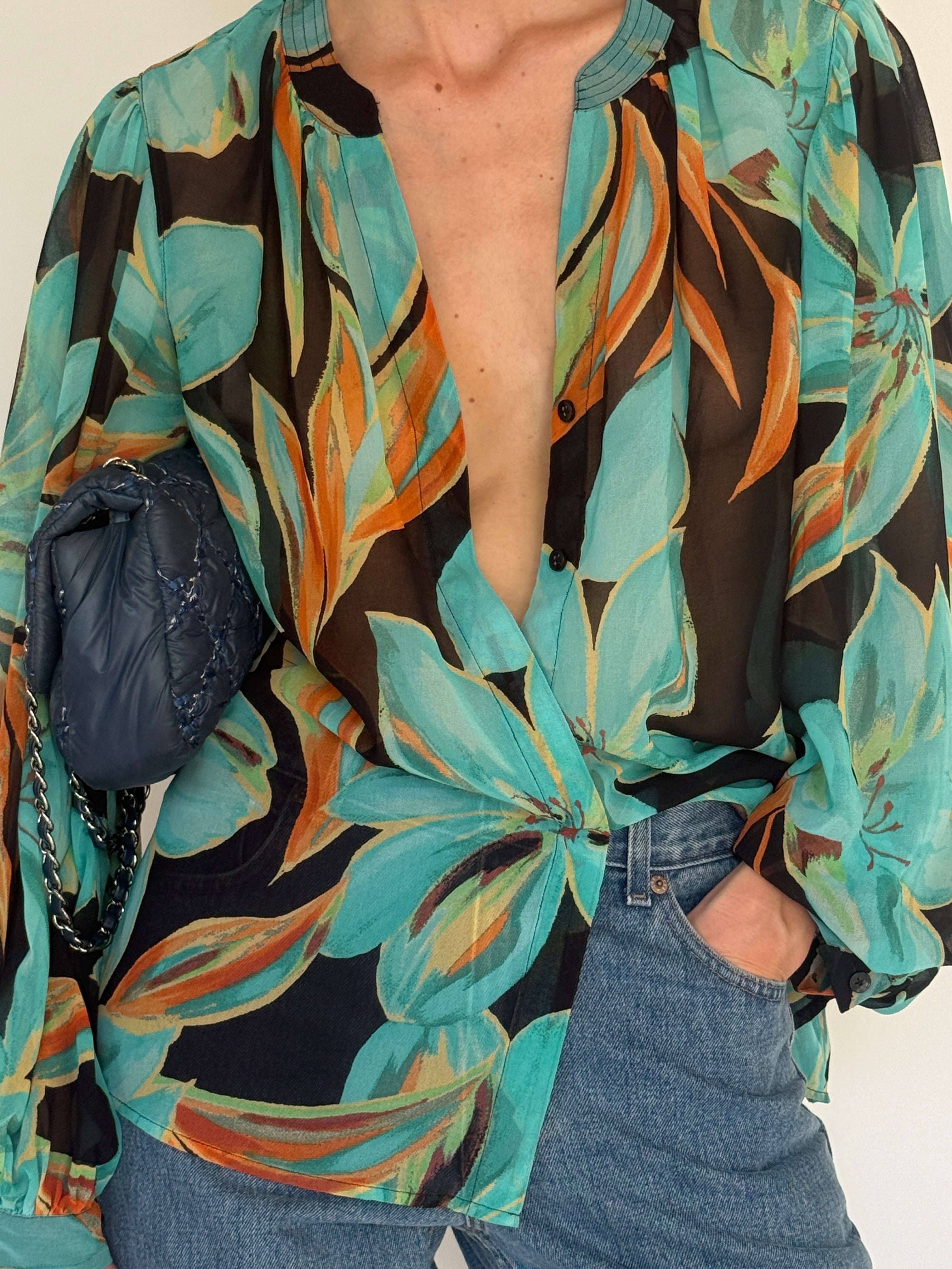 Vintage turquoise floral sheer blouse front view