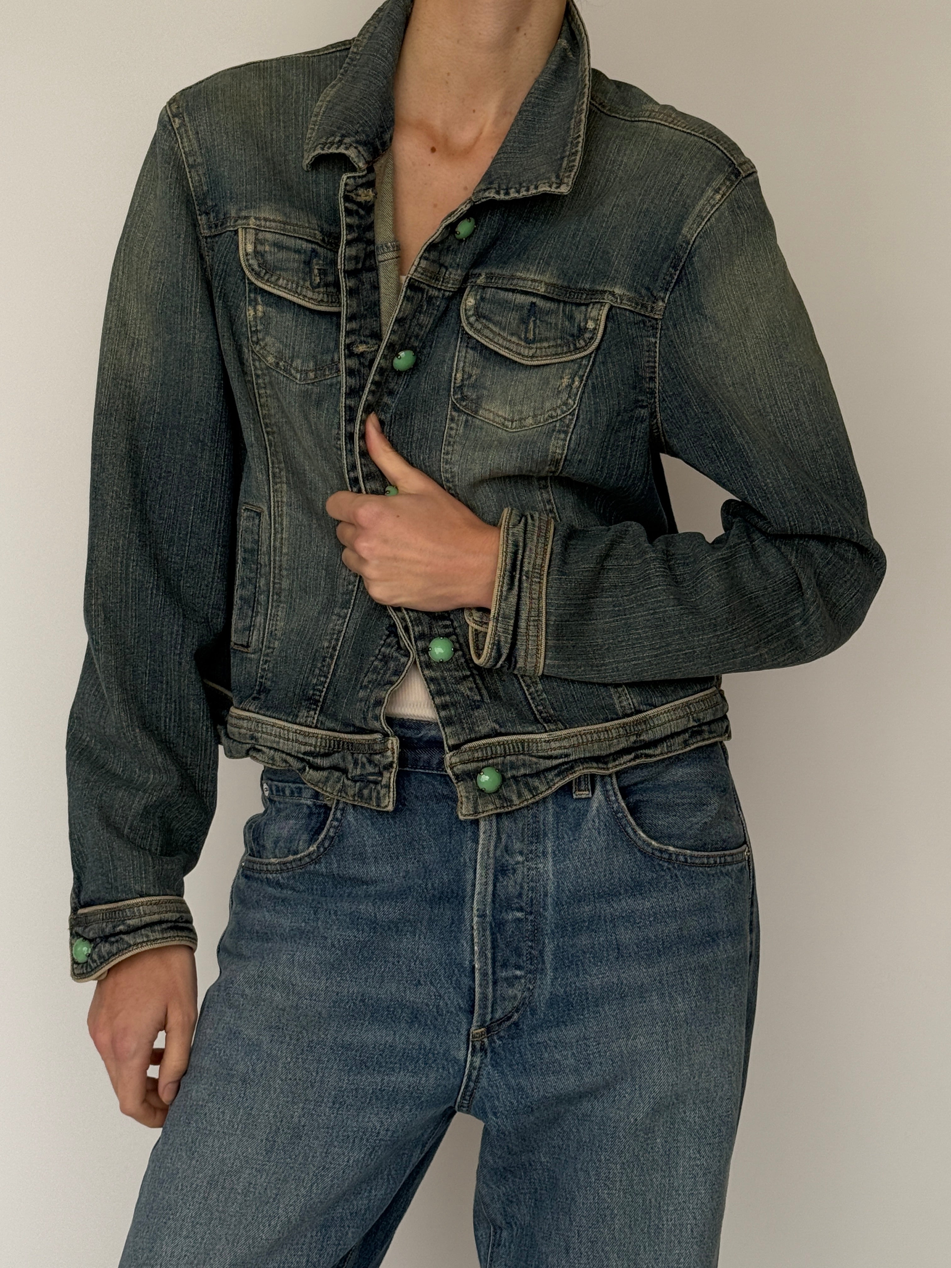 Vintage stretch denim jacket blue close up texture