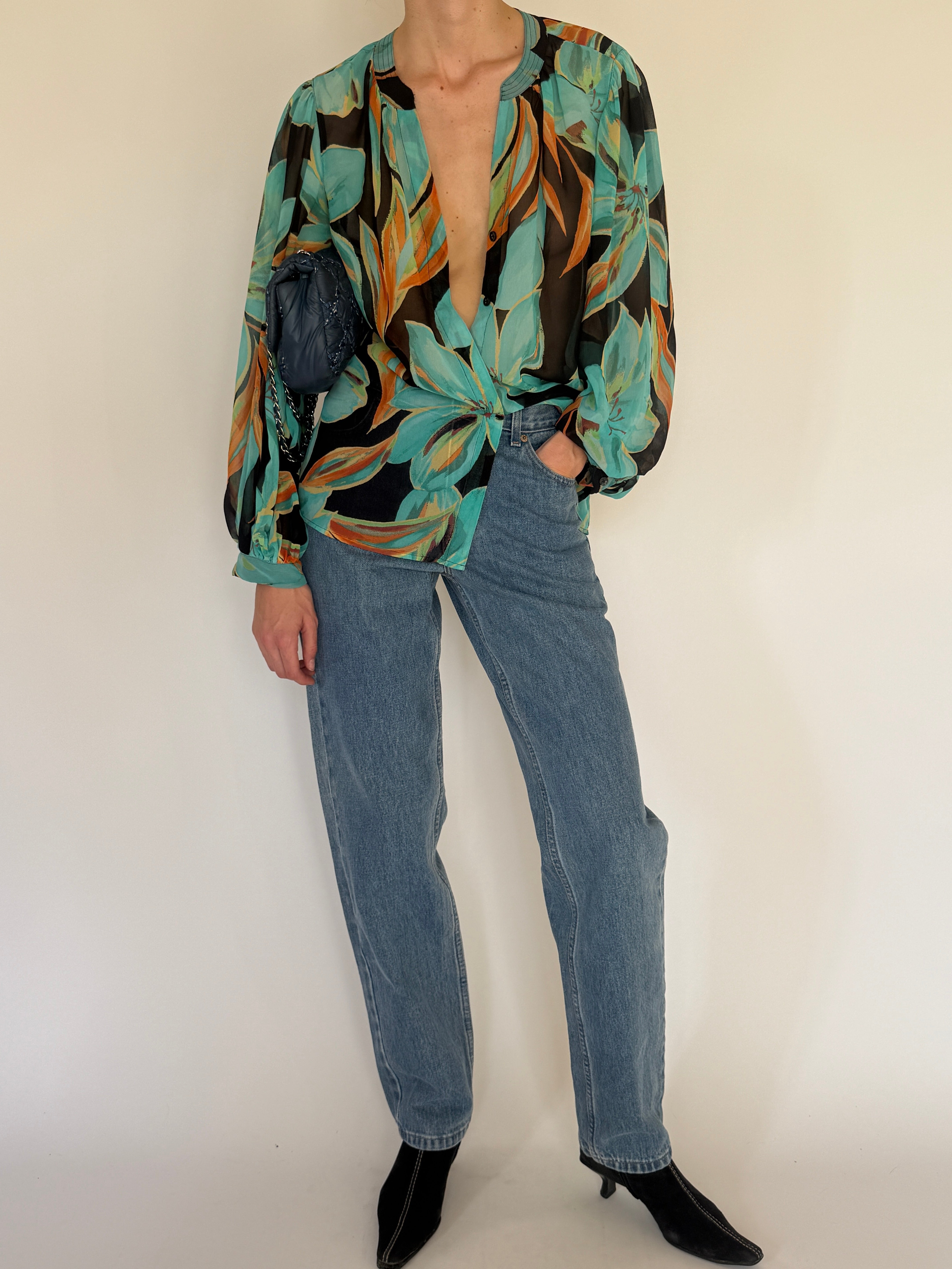 Vintage turquoise floral blouse full length view