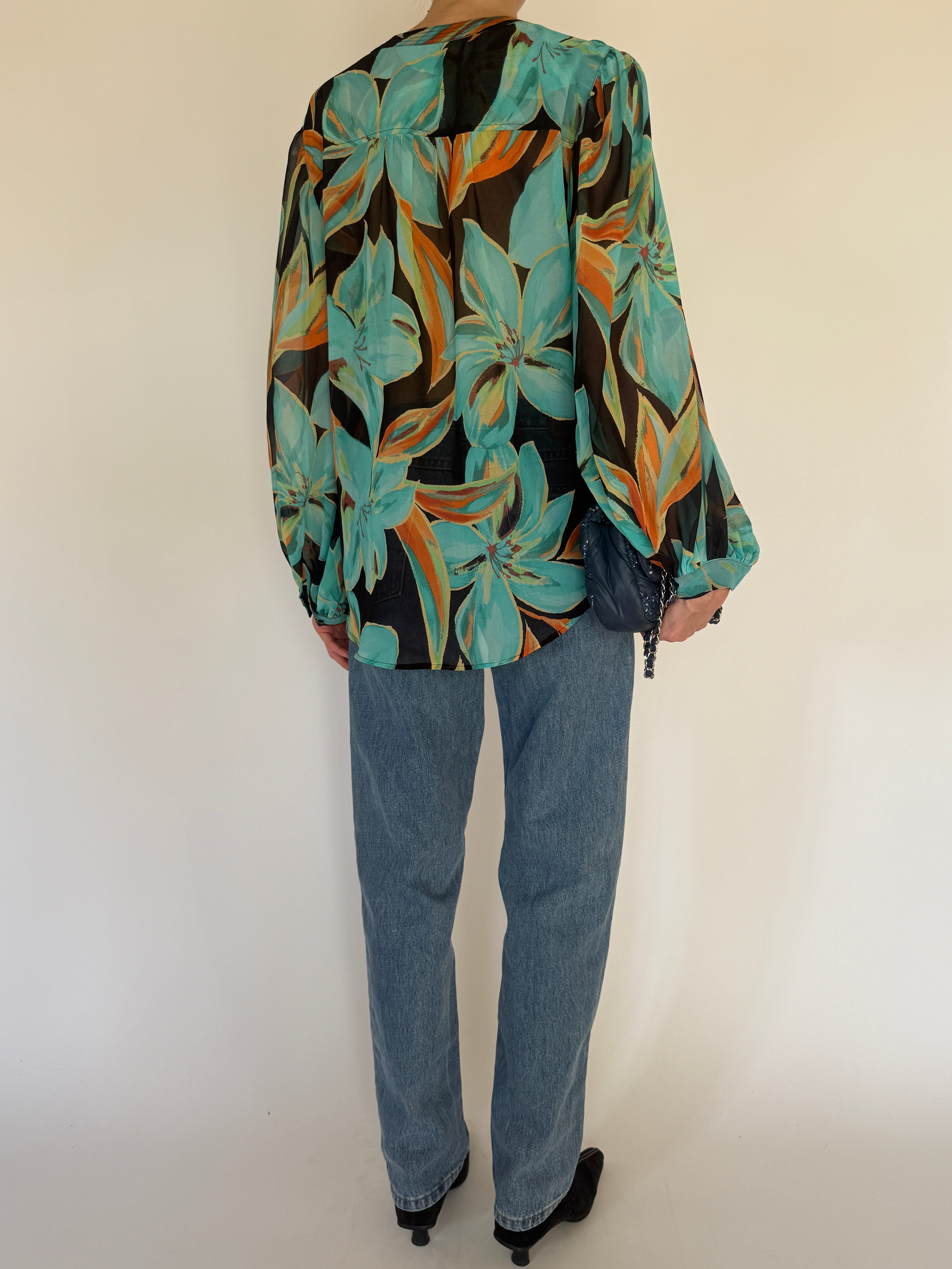 Vintage turquoise floral blouse back view