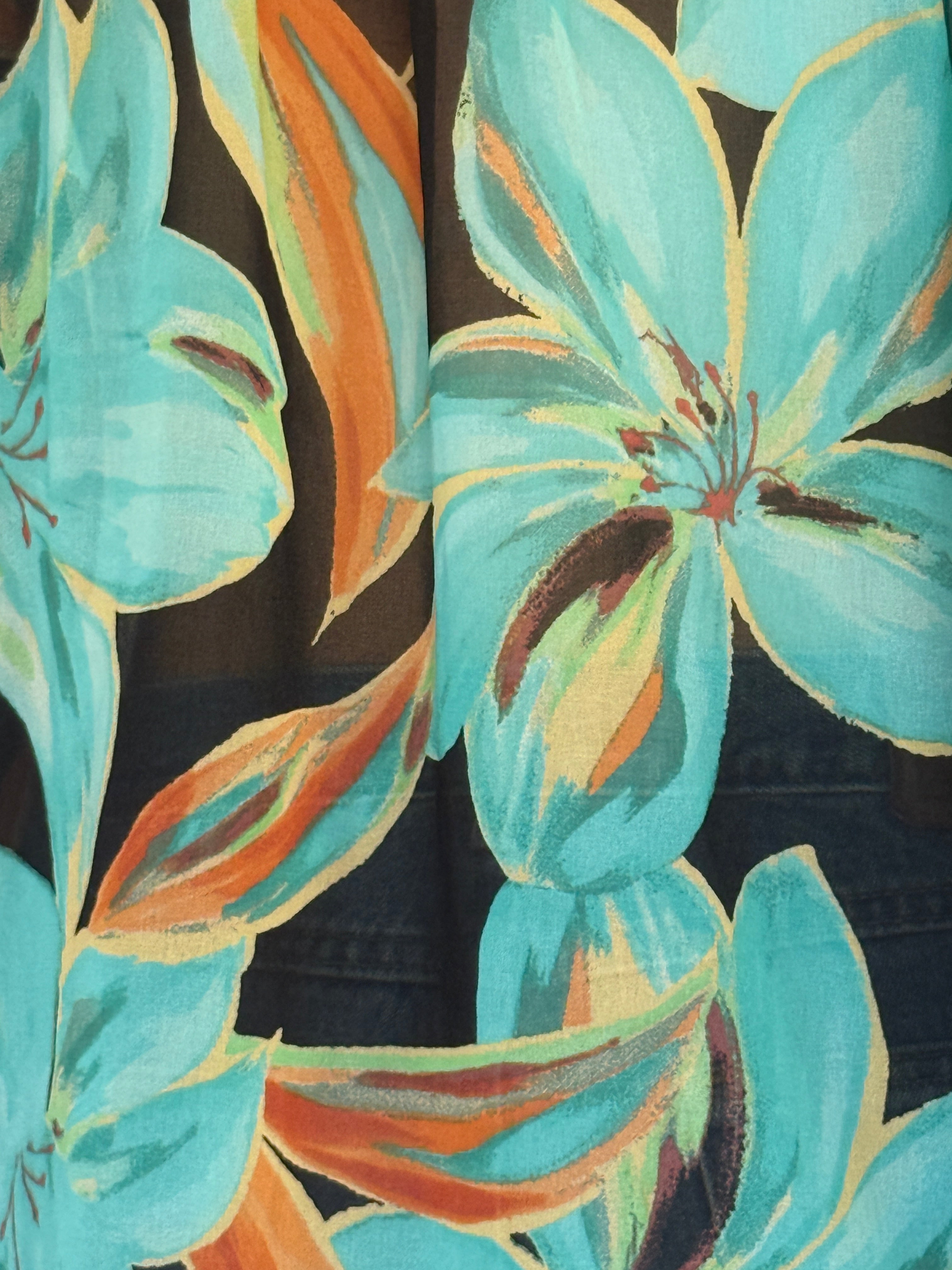 Vintage sheer floral fabric close-up turquoise